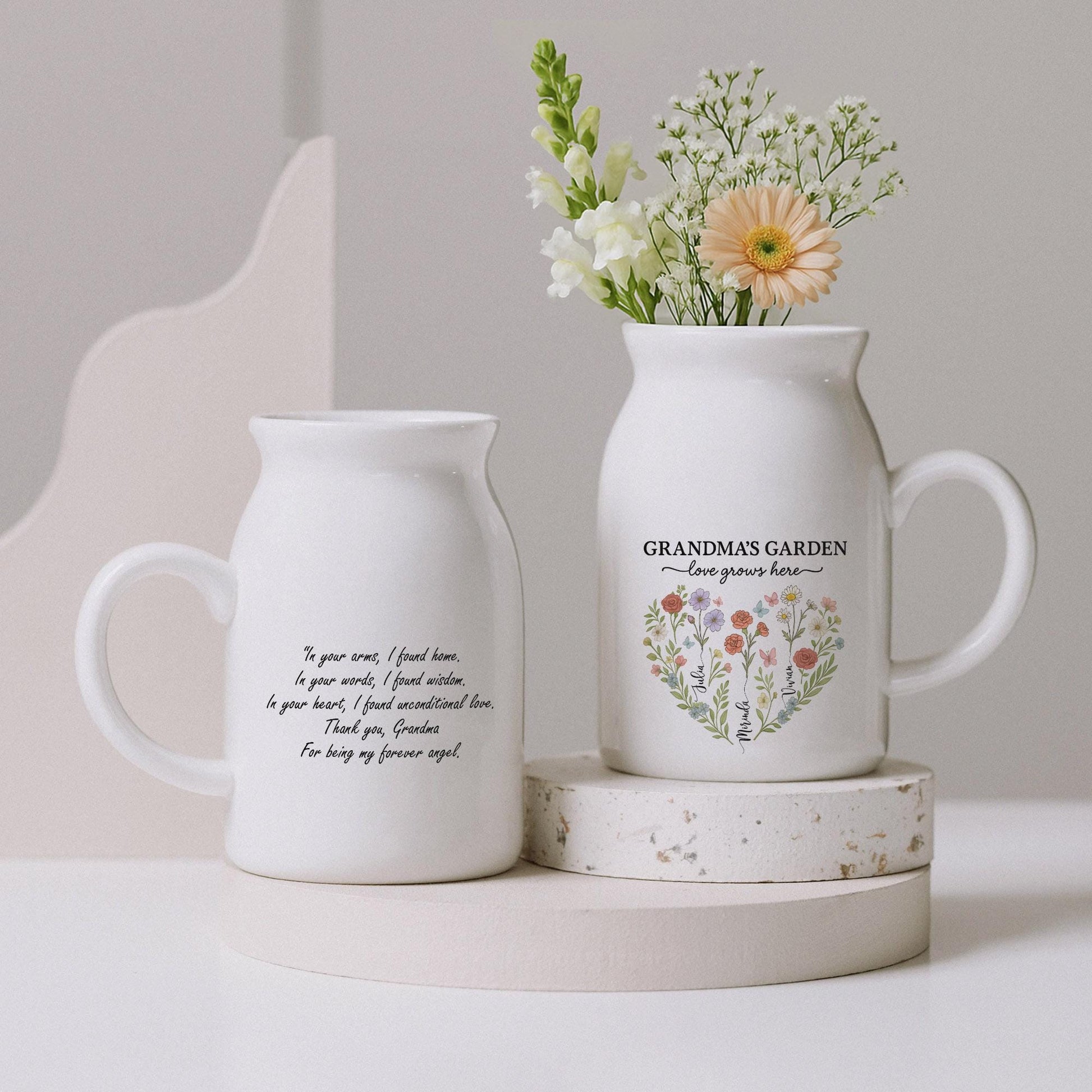 Custom Birth Flower Vase for Grandma – Personalized Ceramic Vase with Kids Names, Mother’s Day Gift for Mom & Nana