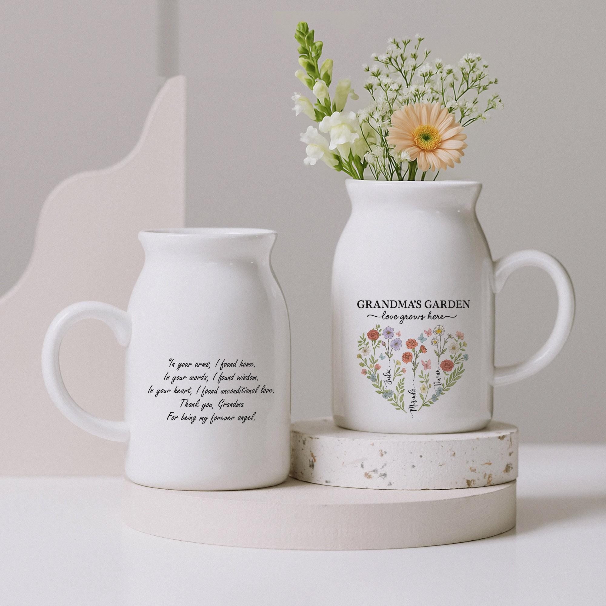 Custom Birth Flower Vase for Grandma – Personalized Ceramic Vase with Kids Names, Mother’s Day Gift for Mom & Nana