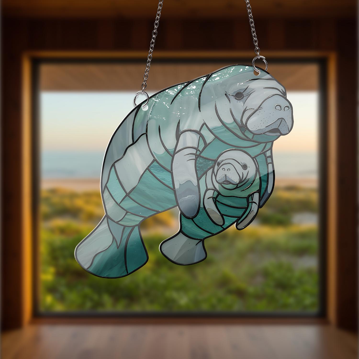 Manatee Mom and Baby Acrylic Window Hanging, Sea Cow Suncatcher, Ocean Animal Decor, Cute Marine Gift, Mother’s Day Gift, Gift For Mom