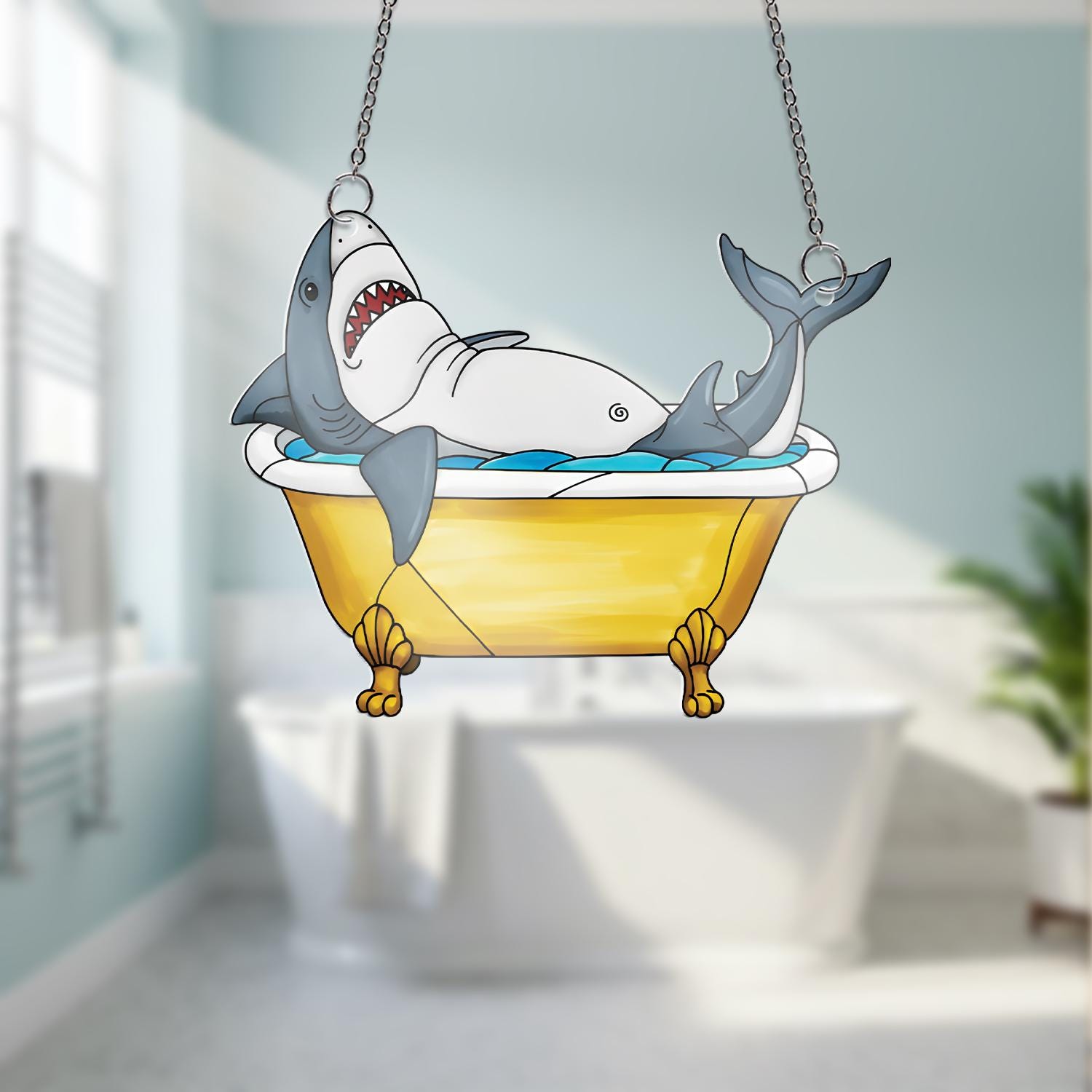 Chubby Shark in Bathtub Acrylic Window Hanging, Funny Ocean Suncatcher, Cute Sea Decor, Quirky Bathroom Gift, Shark Lover Art,Bathroom Decor
