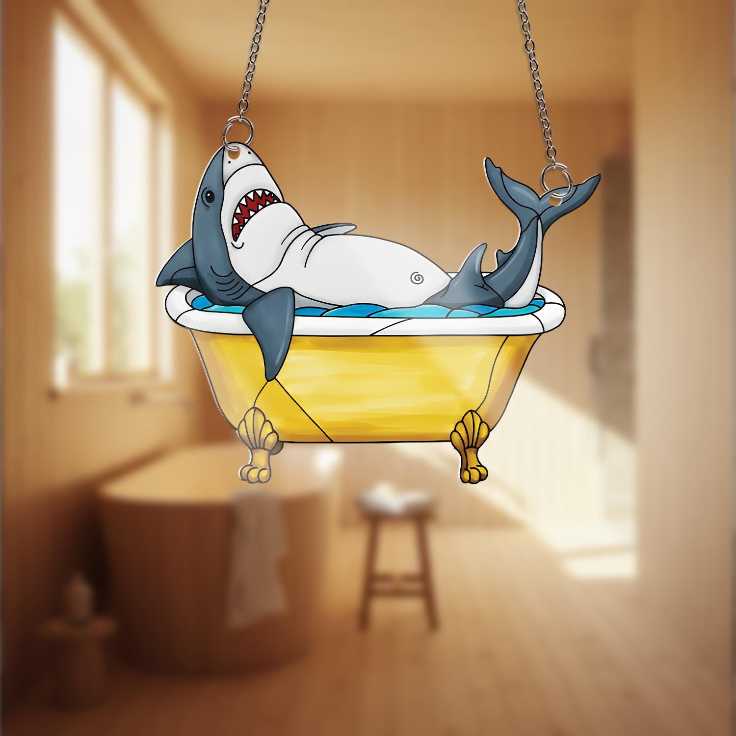 Chubby Shark in Bathtub Acrylic Window Hanging, Funny Ocean Suncatcher, Cute Sea Decor, Quirky Bathroom Gift, Shark Lover Art,Bathroom Decor