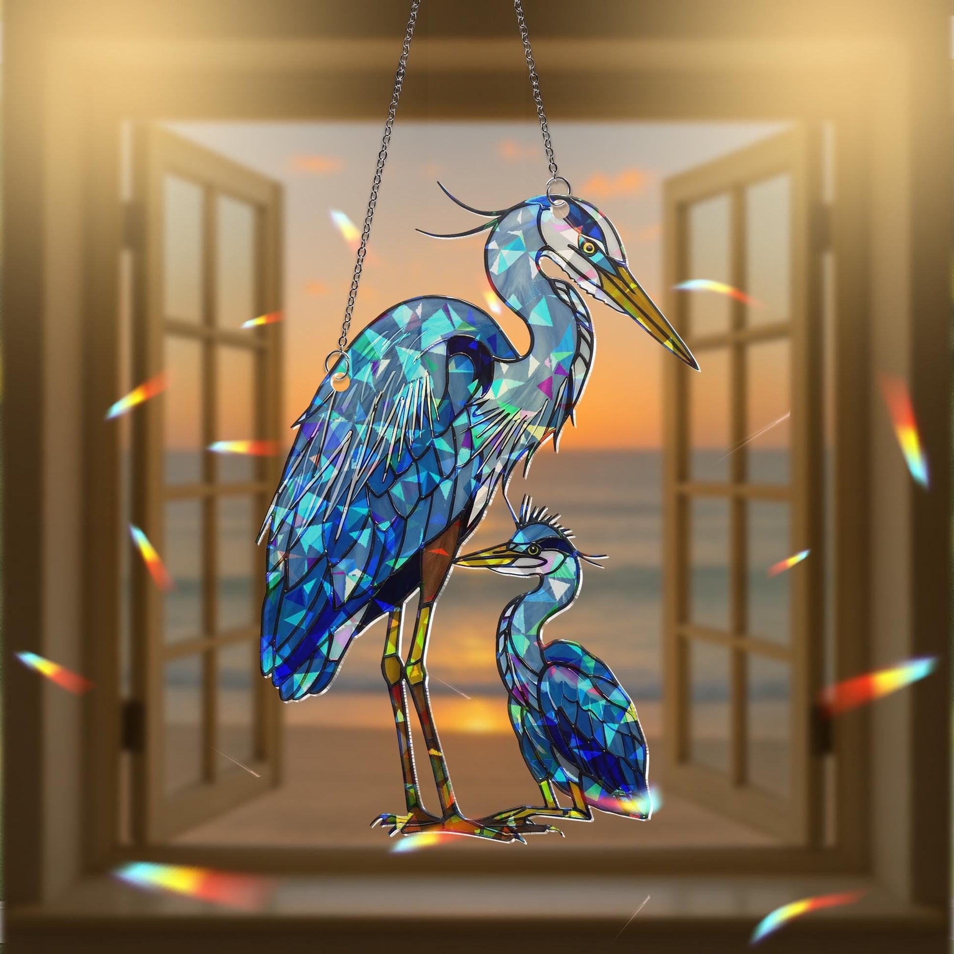 Blue Great Heron Mom and Baby Suncatcher – Holographic Window Hanging Gift for Custom Mom on Mother's Day gift