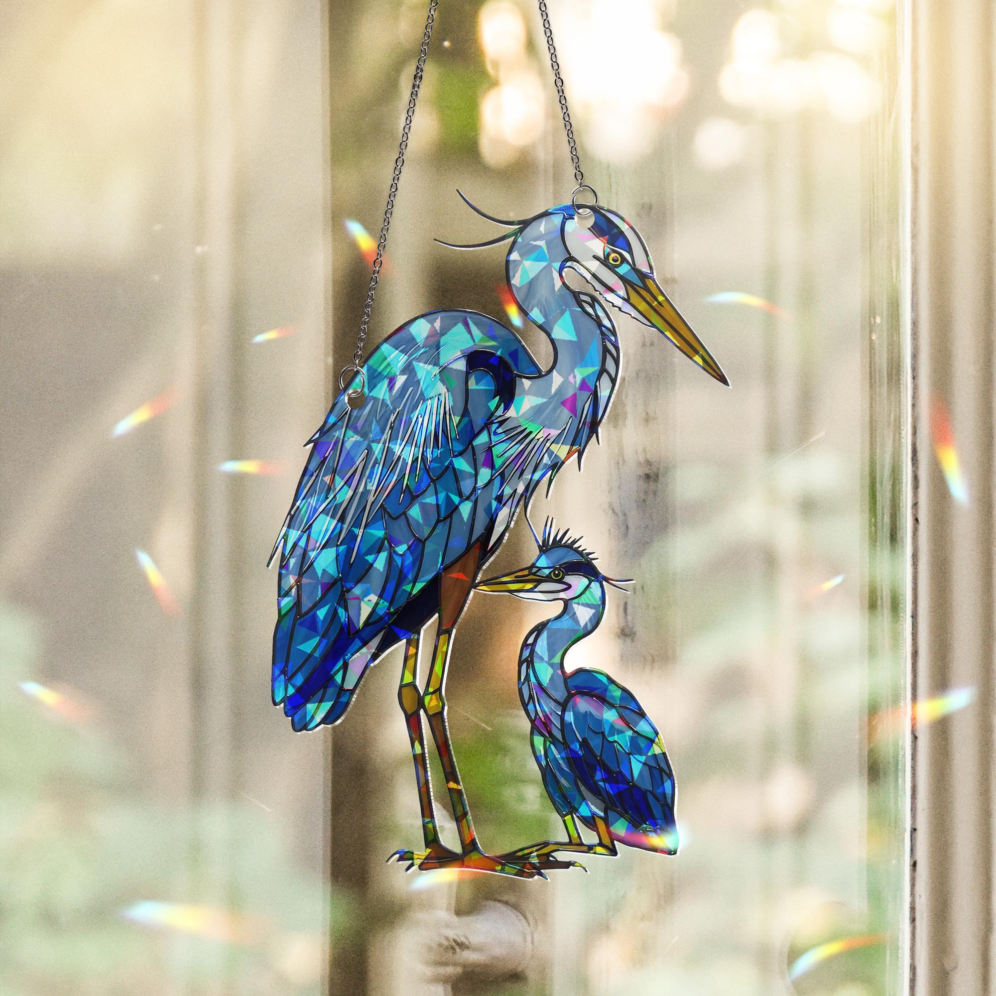 Blue Great Heron Mom and Baby Suncatcher – Holographic Window Hanging Gift for Custom Mom on Mother's Day gift