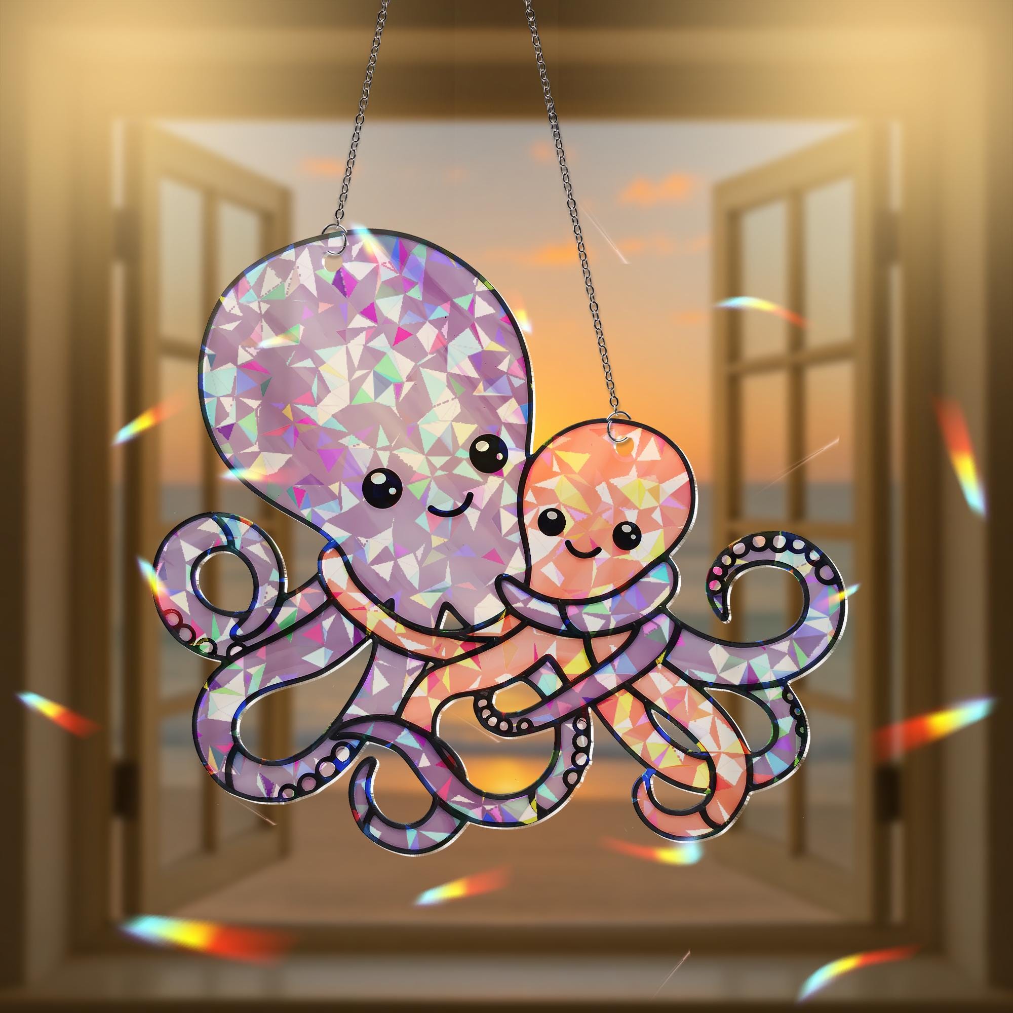 Octopus Mom and Baby Sun Catcher – Cute Ocean Animal Hanging Sign – Holographic Acrylic Decor – Mother’s Day Gift – Sea Life Nursery Art