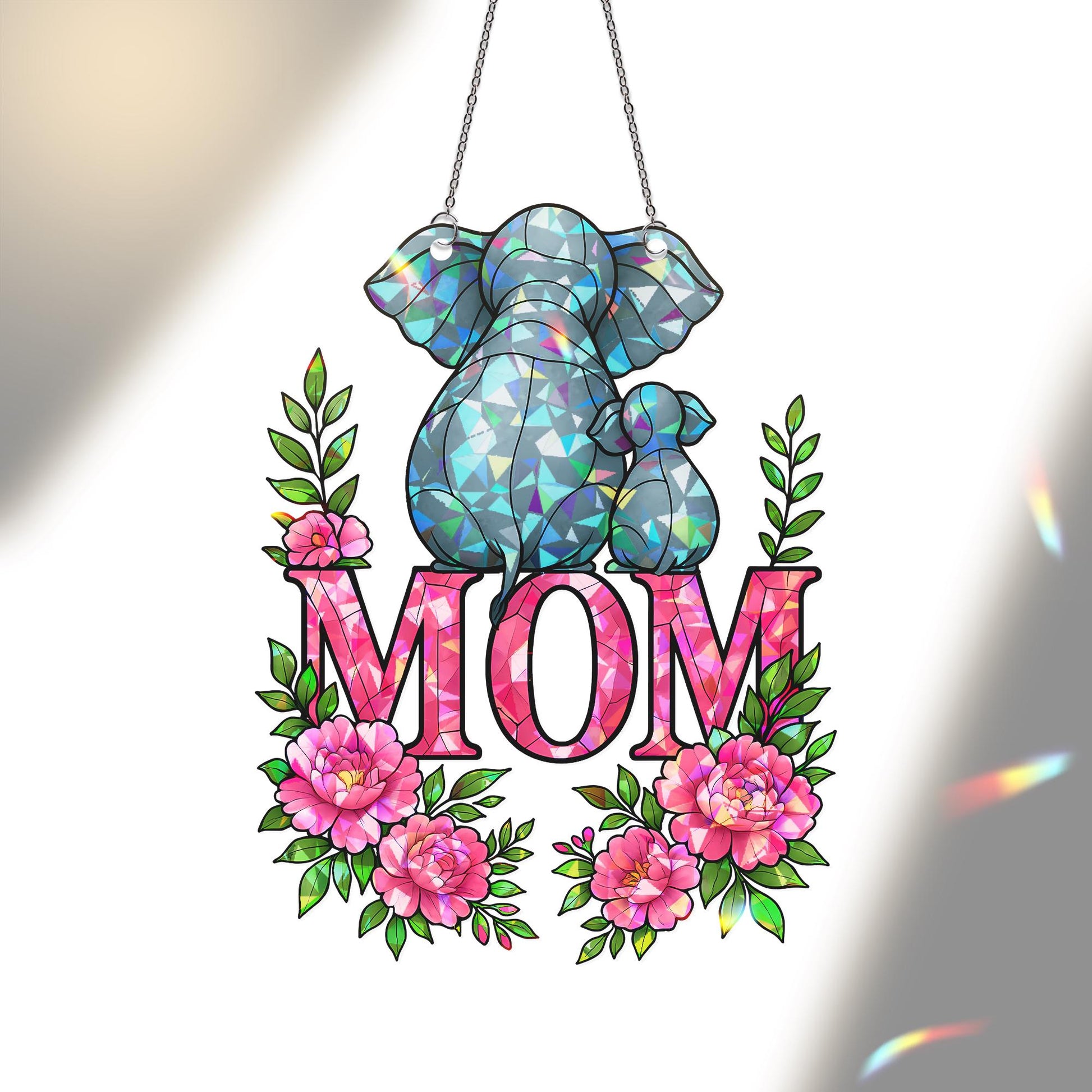 Elephant Mom and Baby Hanging Sign – Floral Acrylic Suncatcher – Holographic Mother’s Day Gift – Elephant Calf – Gift for Elephant Lovers