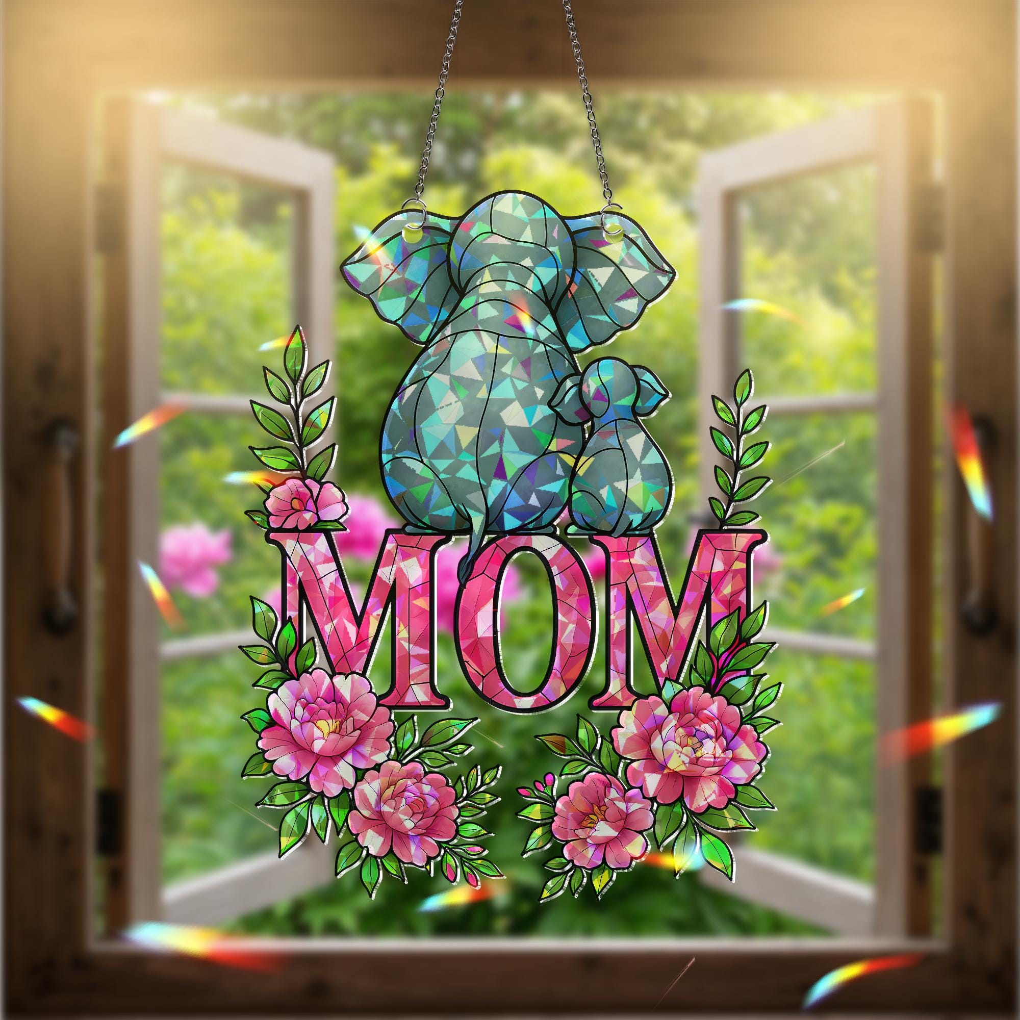 Elephant Mom and Baby Hanging Sign – Floral Acrylic Suncatcher – Holographic Mother’s Day Gift – Elephant Calf – Gift for Elephant Lovers