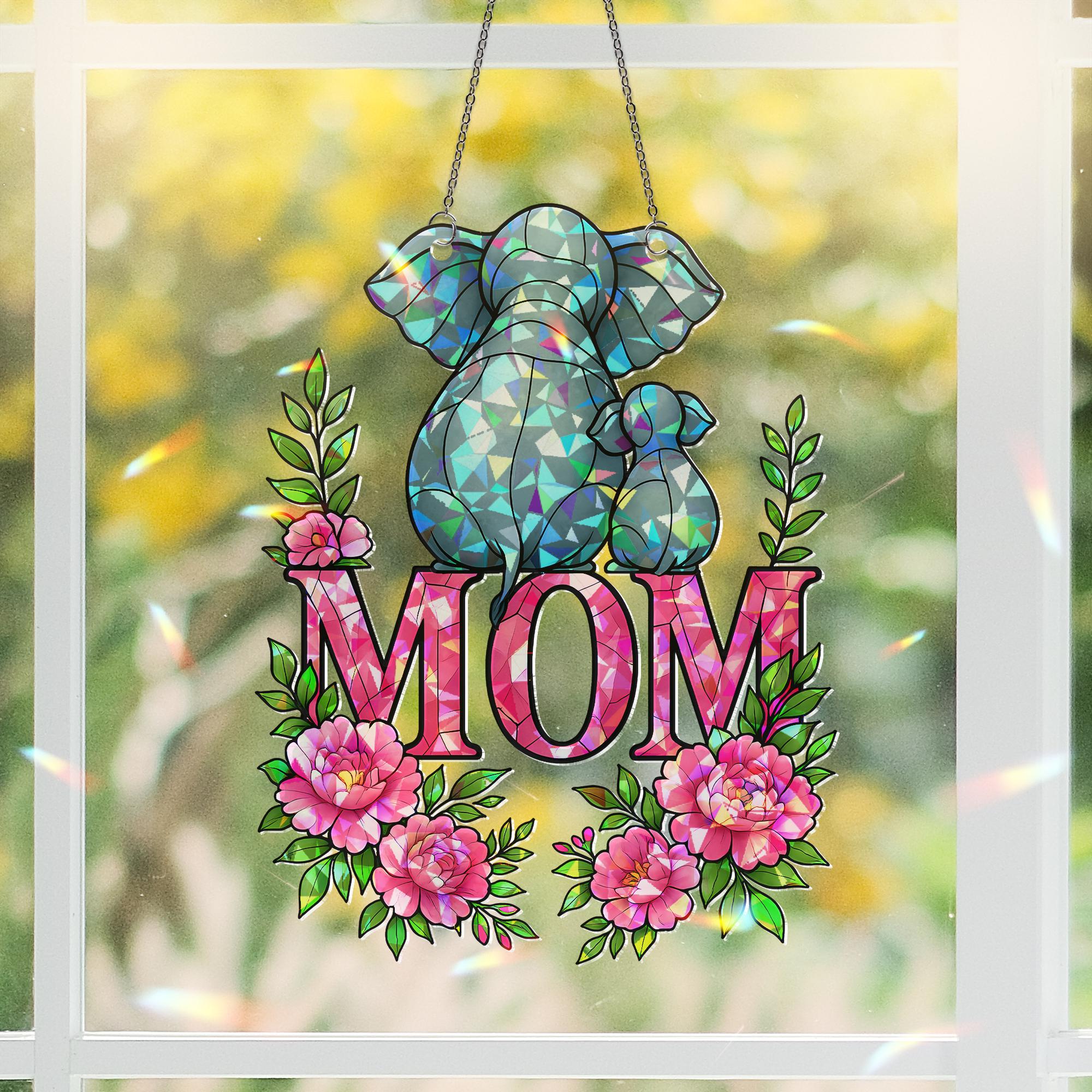 Elephant Mom and Baby Hanging Sign – Floral Acrylic Suncatcher – Holographic Mother’s Day Gift – Elephant Calf – Gift for Elephant Lovers