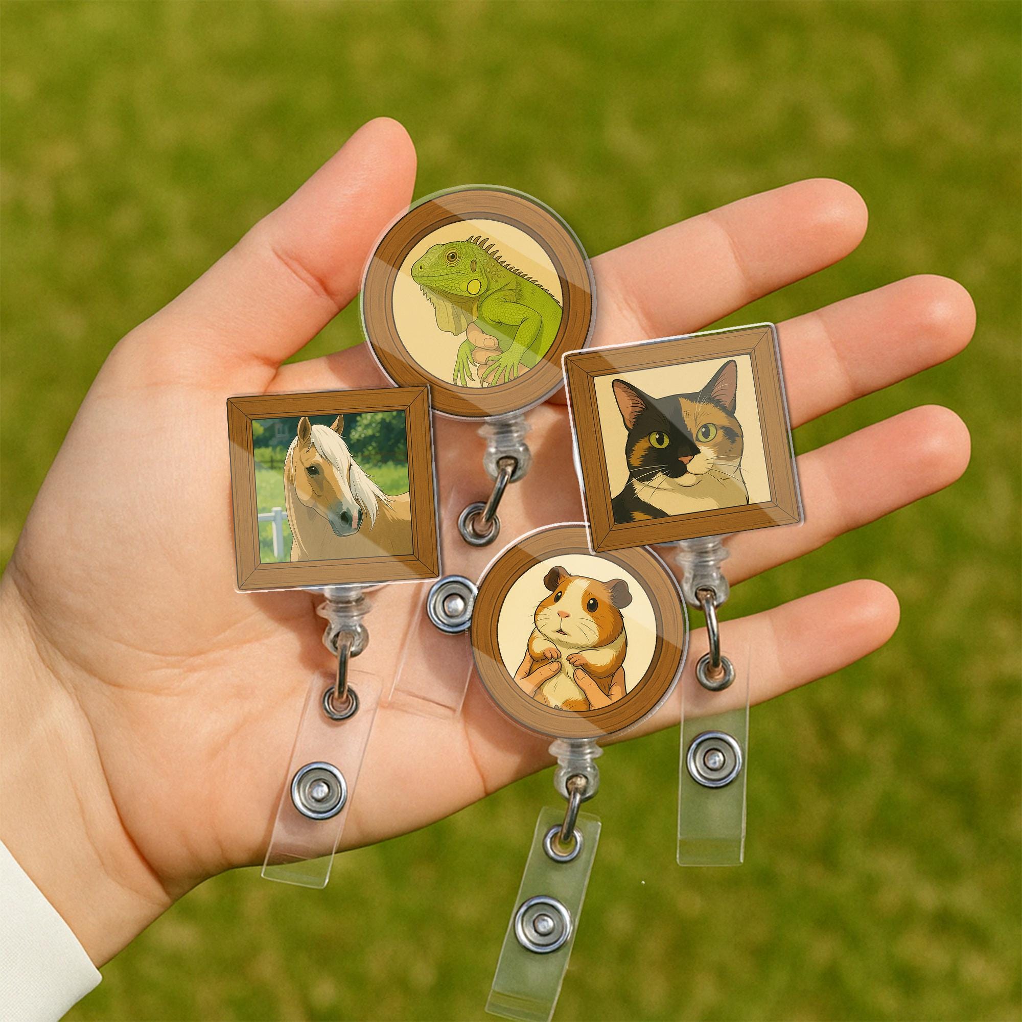 Custom Chibi Art Pet Portrait Badge Reel – Vintage Frame ID Holder with Pet Photo in Chibi Anime Cartoonize Style – Mother’s Day Gift