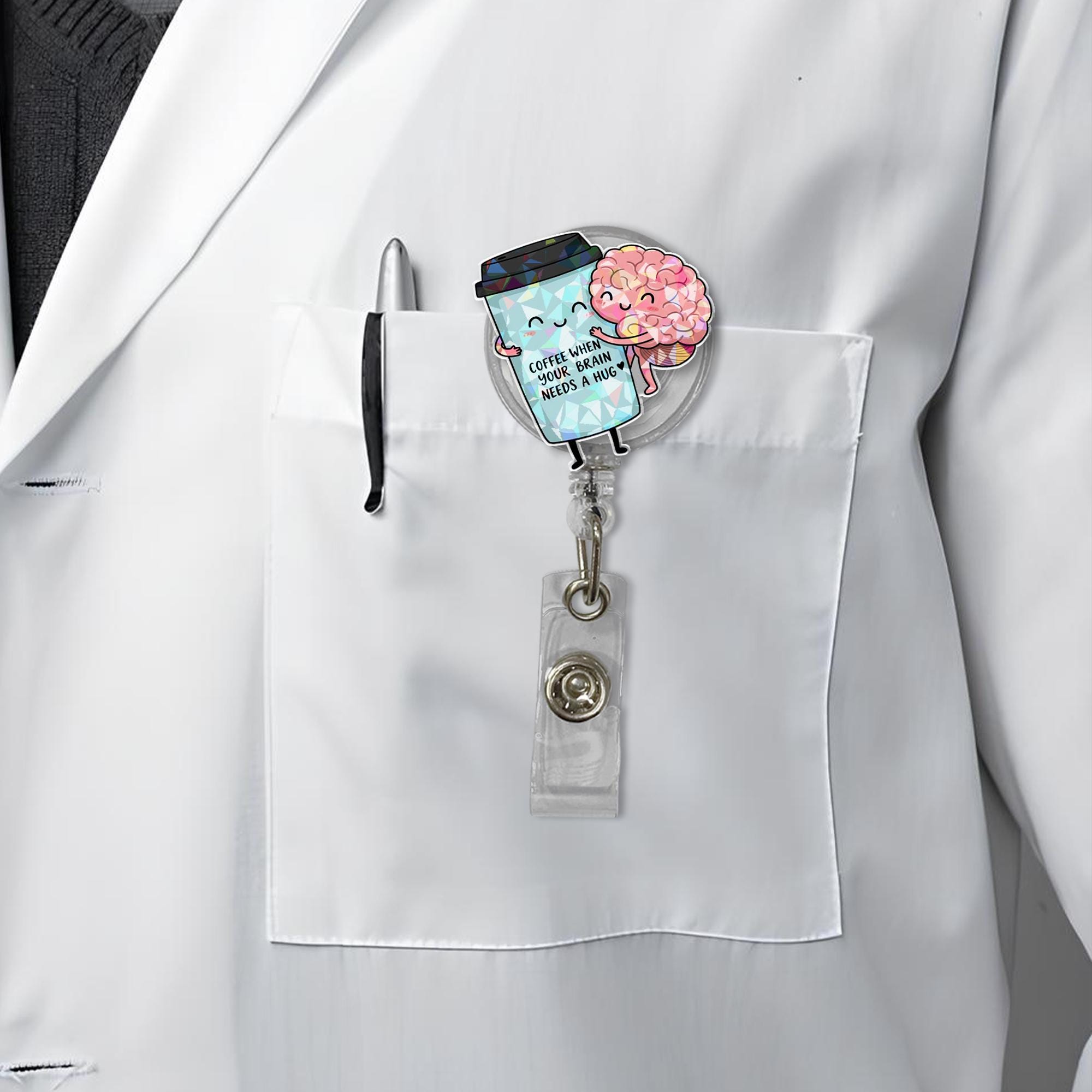 Coffee and Brain Badge Reel | Coffee Hug ID Holder | Cute Holographic Badge Clip | Caffeine Lover Gift | Funny Nurse Work Badge