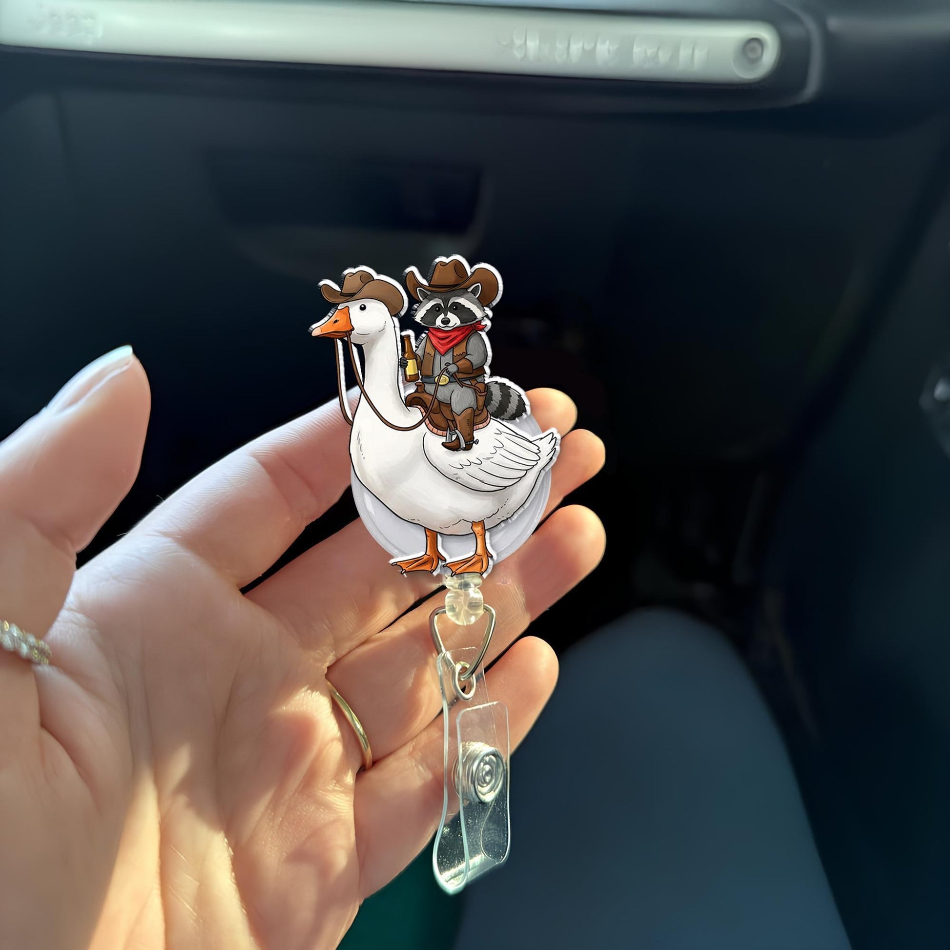 Cowboy Raccoon on a goose with a beer Badge Reel, Raccoon Badge Clip, Funny Goose Badge Reel, ID Holder, Nurse Badge Reel, Medical Student