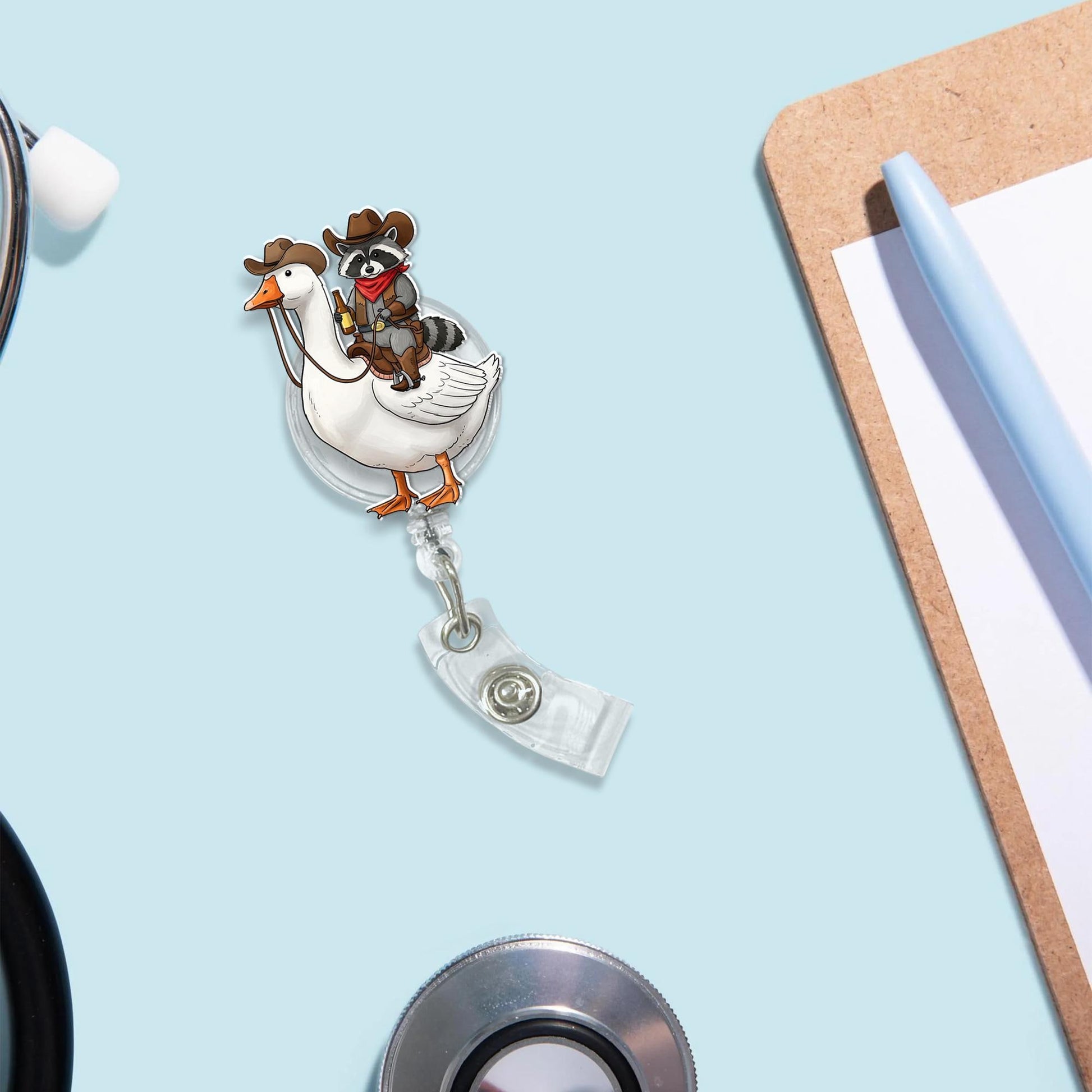 Cowboy Raccoon on a goose with a beer Badge Reel, Raccoon Badge Clip, Funny Goose Badge Reel, ID Holder, Nurse Badge Reel, Medical Student