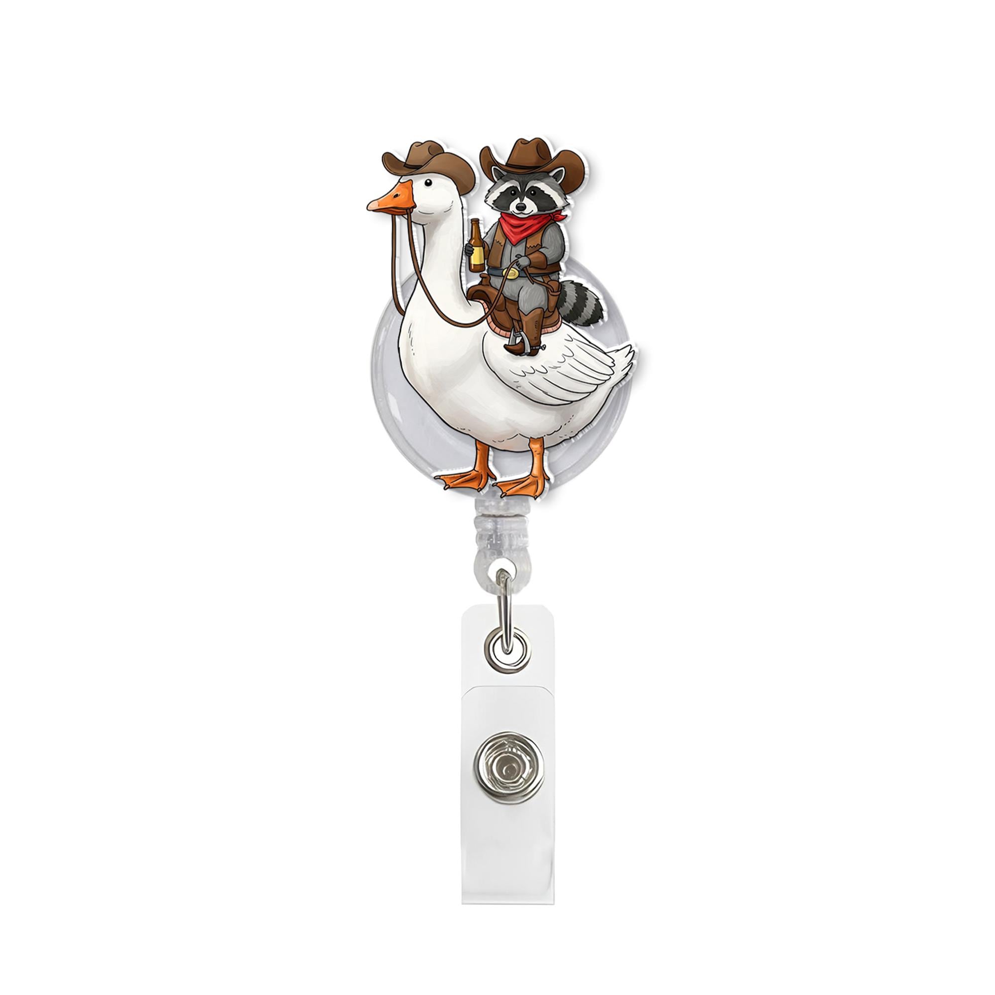 Cowboy Raccoon on a goose with a beer Badge Reel, Raccoon Badge Clip, Funny Goose Badge Reel, ID Holder, Nurse Badge Reel, Medical Student