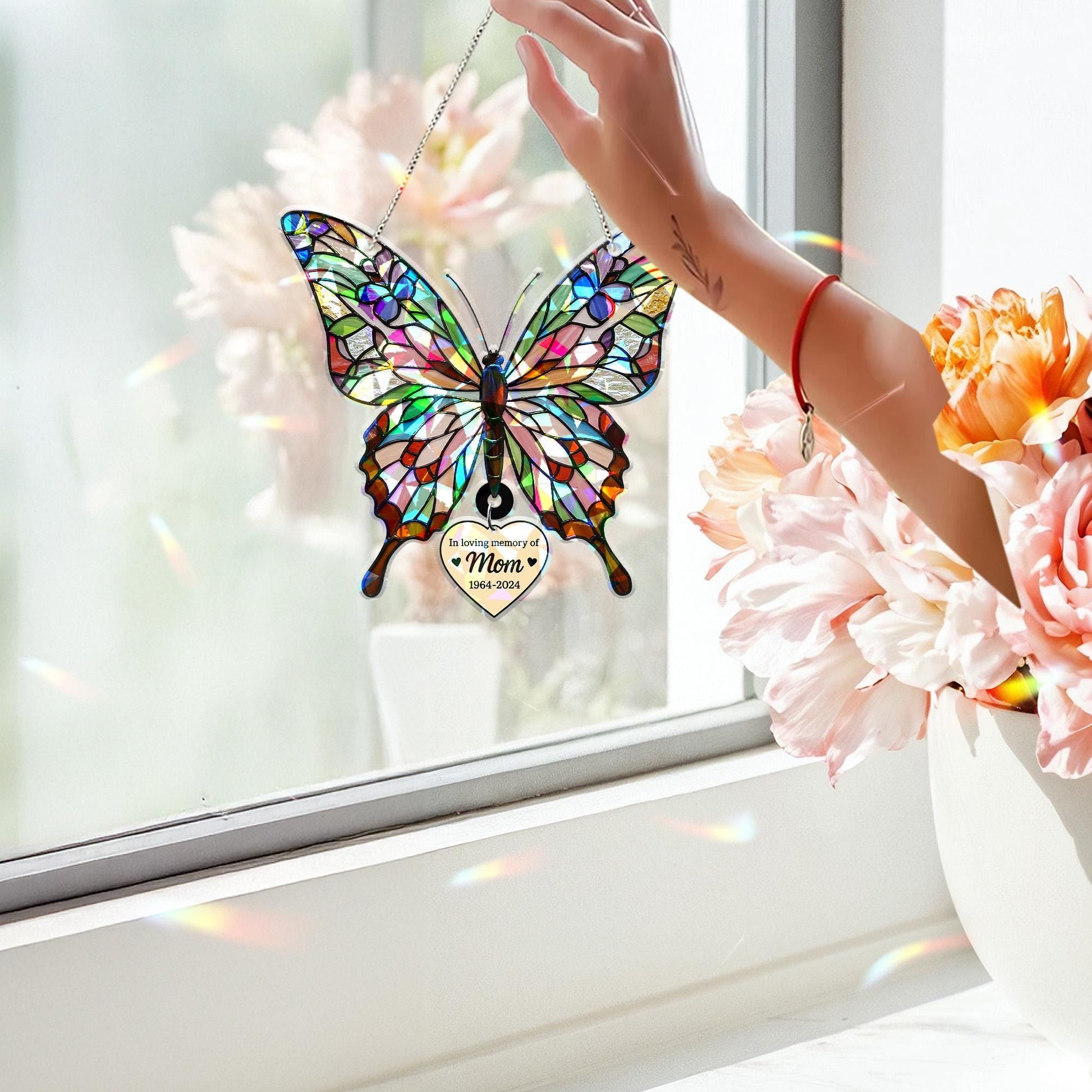Custom Butterfly Holographic Acrylic Suncatcher with Hanging Heart Memorial Gift for Mom on Mother's Day, In Loving Memory Window Decor