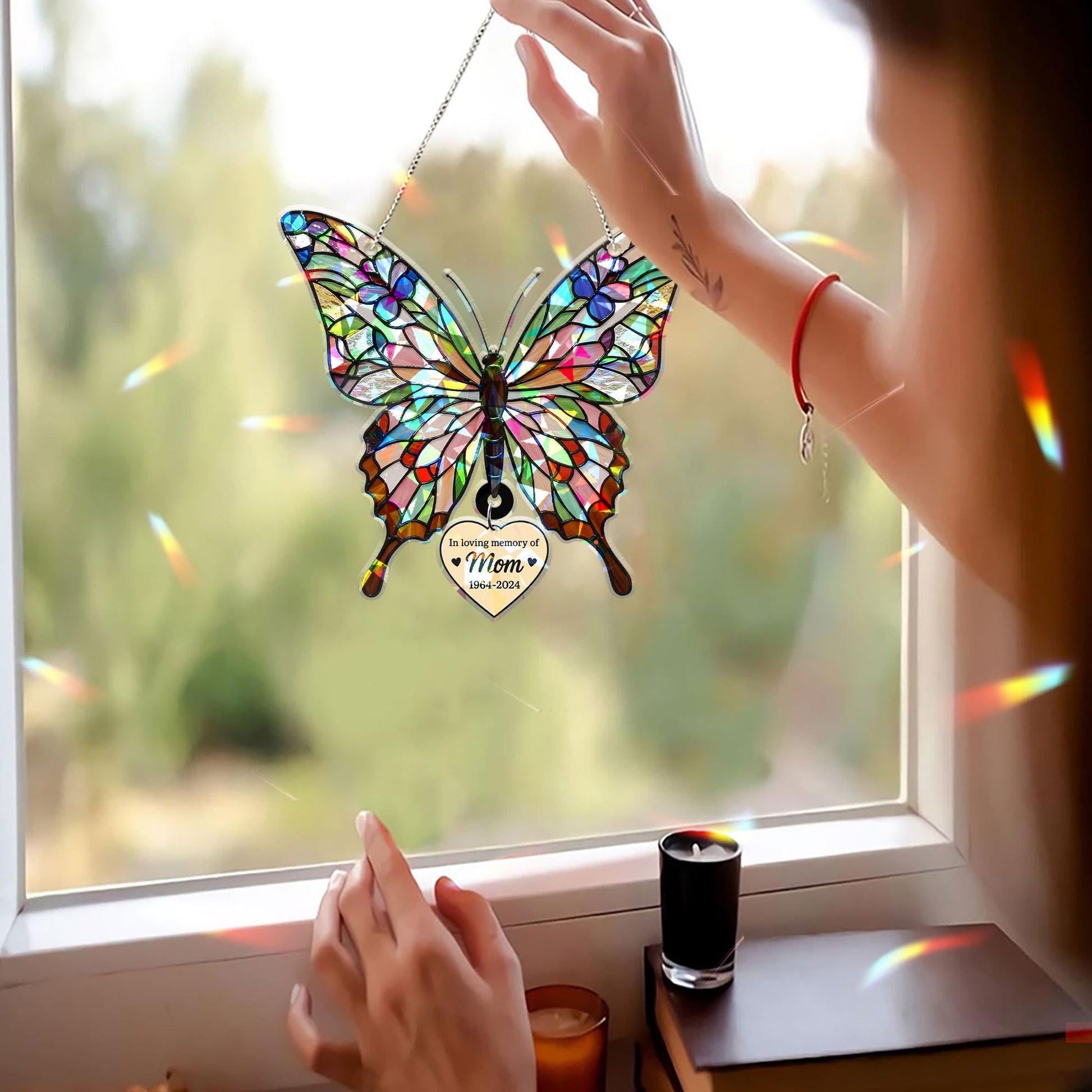 Custom Butterfly Holographic Acrylic Suncatcher with Hanging Heart Memorial Gift for Mom on Mother's Day, In Loving Memory Window Decor