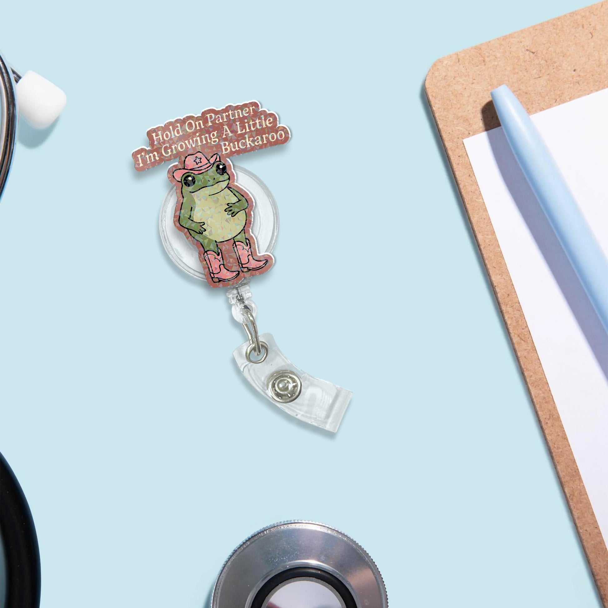 Cowboy Frog Badge Reel Gift for Expecting Mom or Nurse – Cute Baby Announcement Accessory for Mother's Day, Funny Pregnancy Reveal Clip