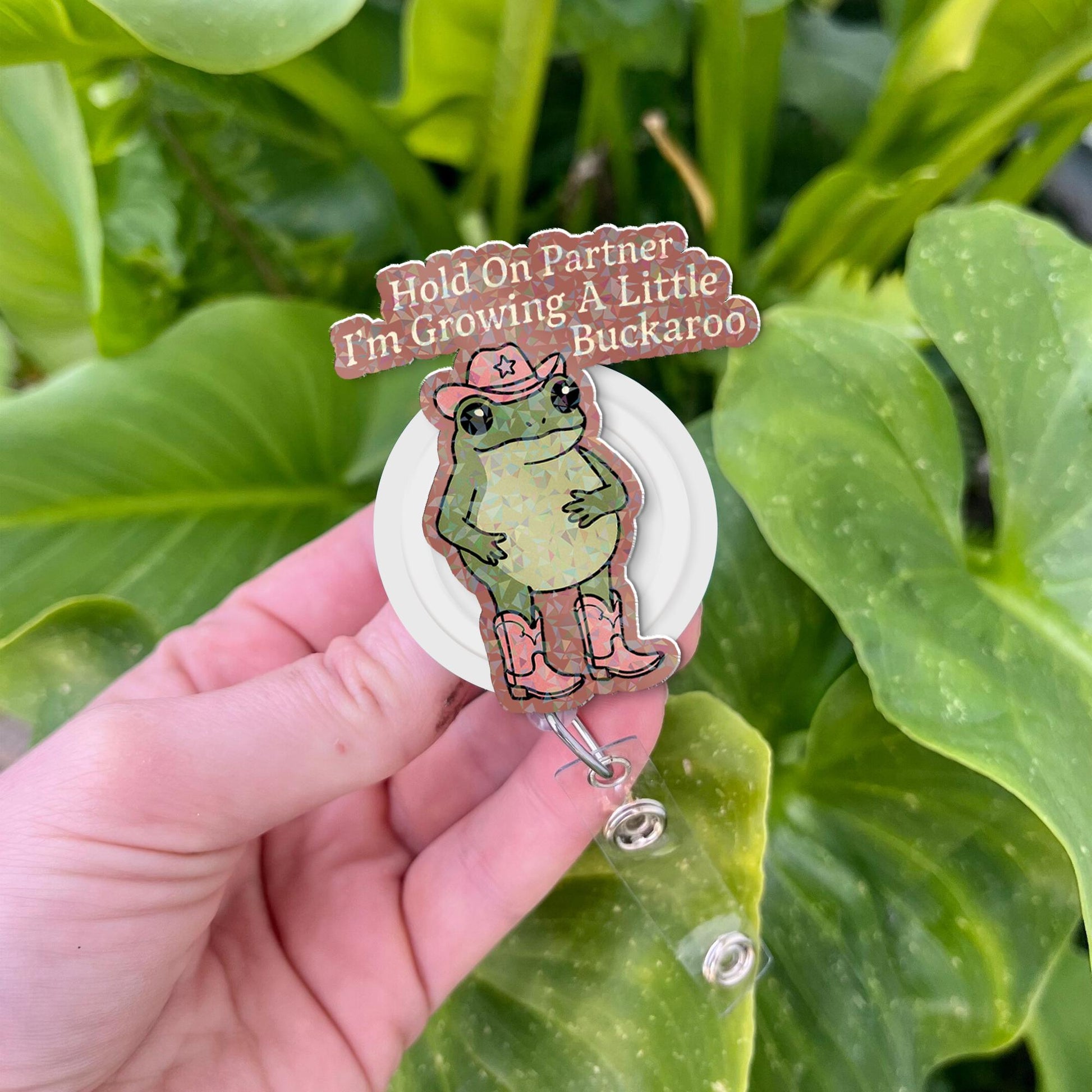 Cowboy Frog Badge Reel Gift for Expecting Mom or Nurse – Cute Baby Announcement Accessory for Mother's Day, Funny Pregnancy Reveal Clip