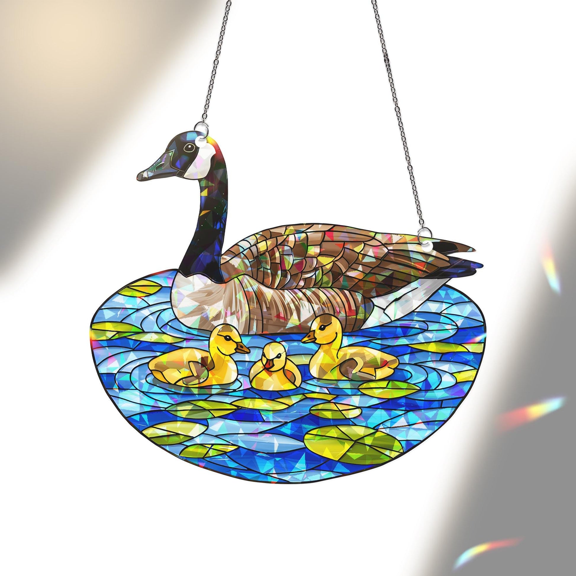 Acrylic Hologram Canada Goose Mom with Baby, Pond Scene, Mother's Day Gift, Iridescent Nature Decor, Wildlife Art, Mom Gift