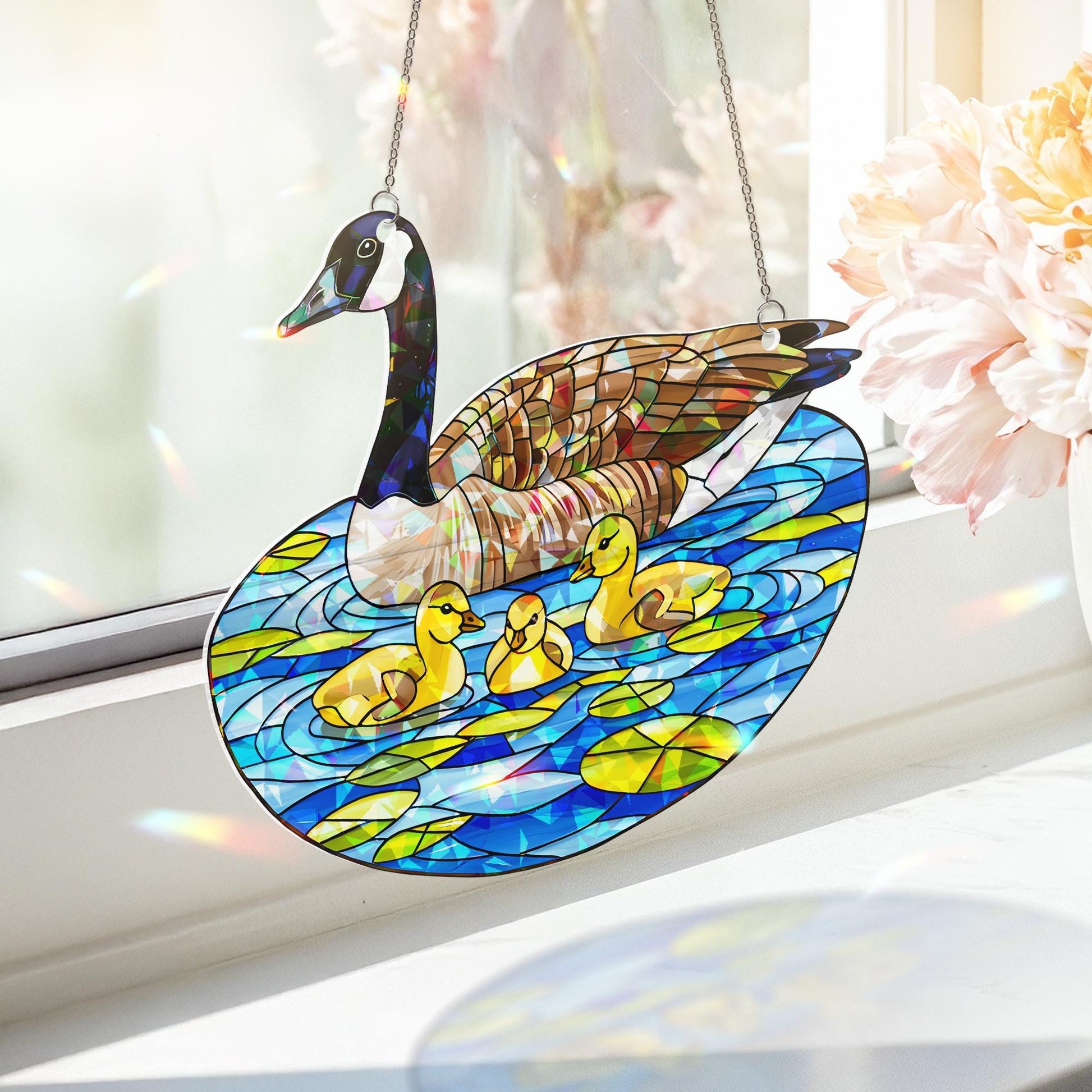 Acrylic Hologram Canada Goose Mom with Baby, Pond Scene, Mother's Day Gift, Iridescent Nature Decor, Wildlife Art, Mom Gift