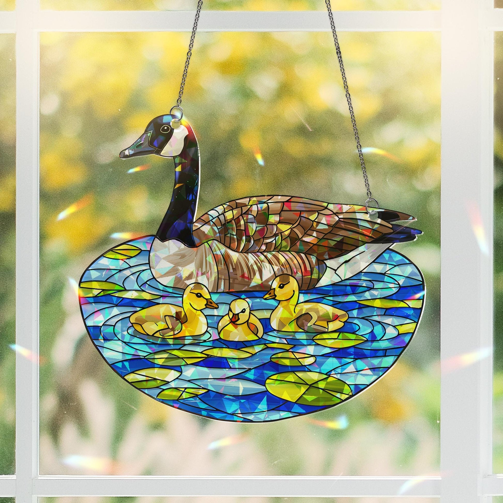 Acrylic Hologram Canada Goose Mom with Baby, Pond Scene, Mother's Day Gift, Iridescent Nature Decor, Wildlife Art, Mom Gift