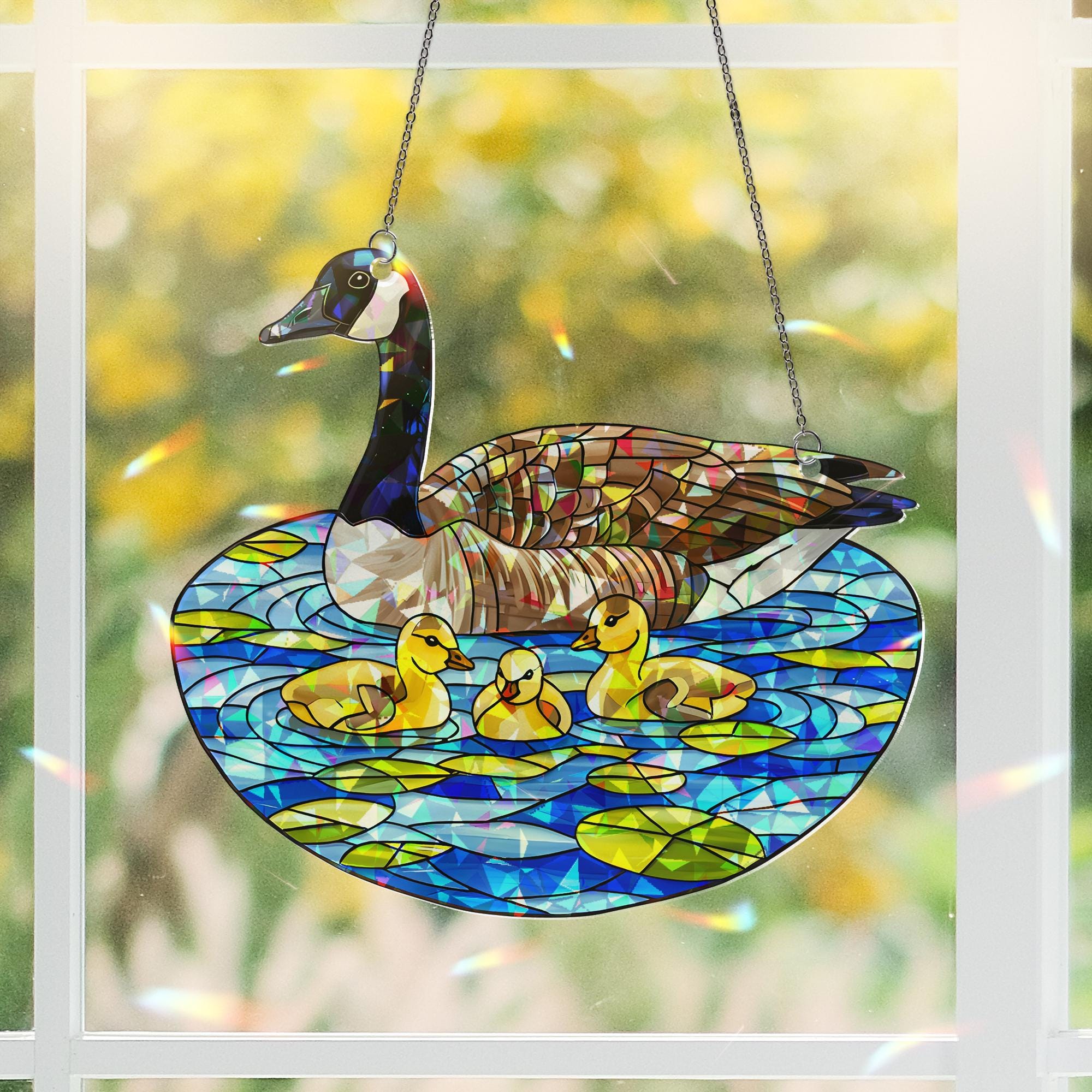 Acrylic Hologram Canada Goose Mom with Baby, Pond Scene, Mother's Day Gift, Iridescent Nature Decor, Wildlife Art, Mom Gift