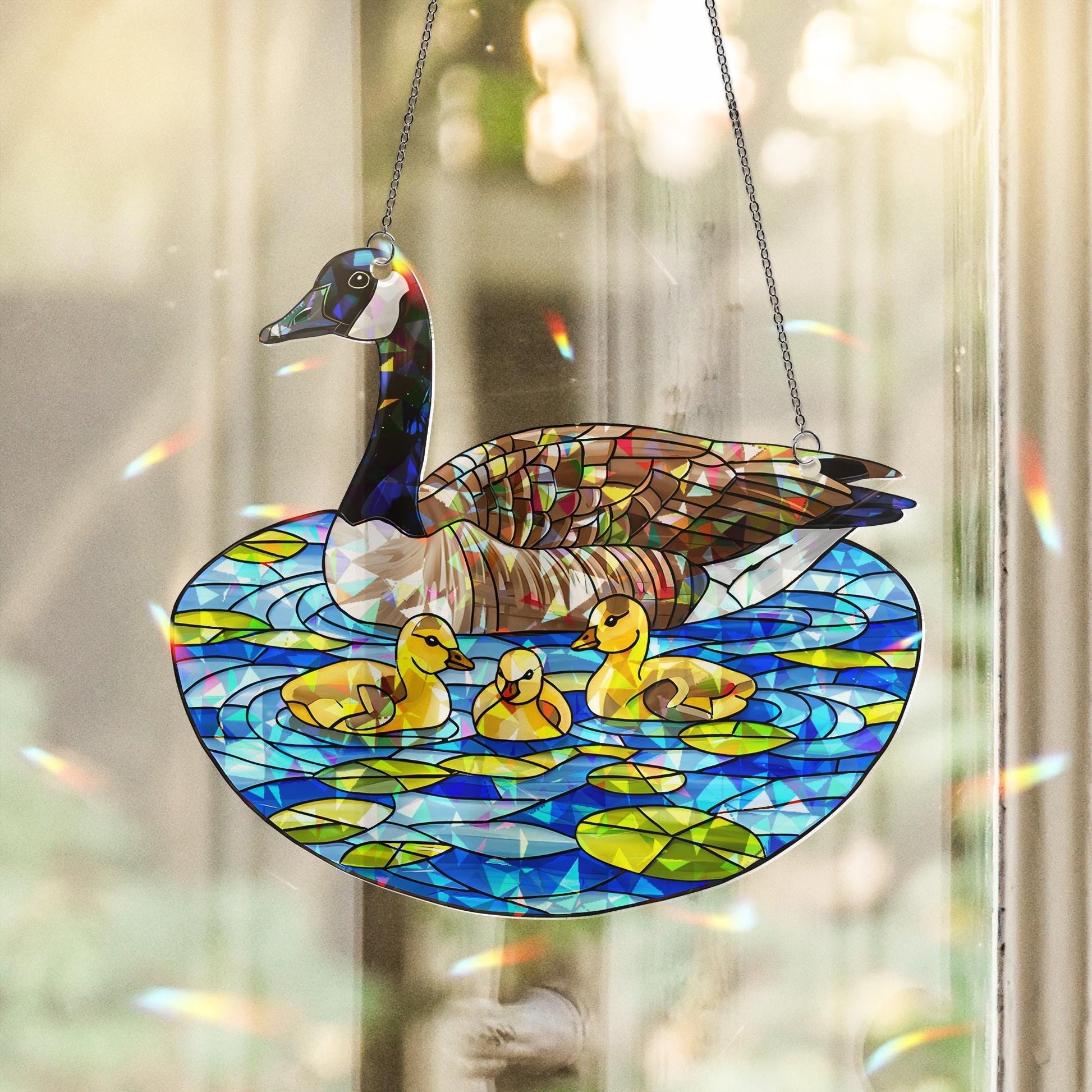 Acrylic Hologram Canada Goose Mom with Baby, Pond Scene, Mother's Day Gift, Iridescent Nature Decor, Wildlife Art, Mom Gift
