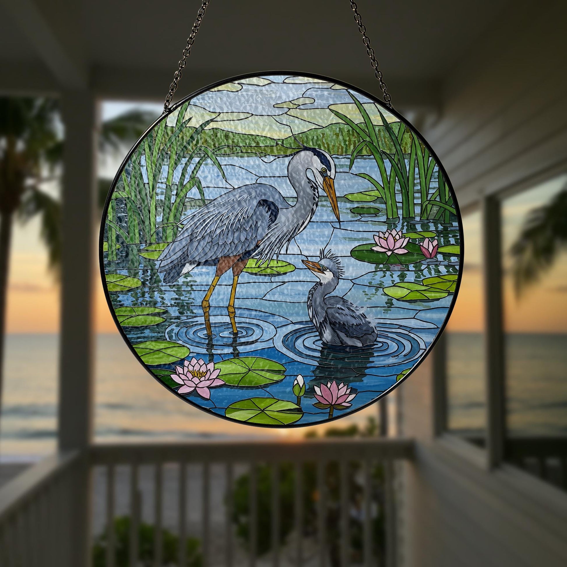 Blue Heron Mom and Baby Glass Suncatcher – Handmade Bird Art Gift for Mom – Mother’s Day Window Decor – Stained Glass Ornament