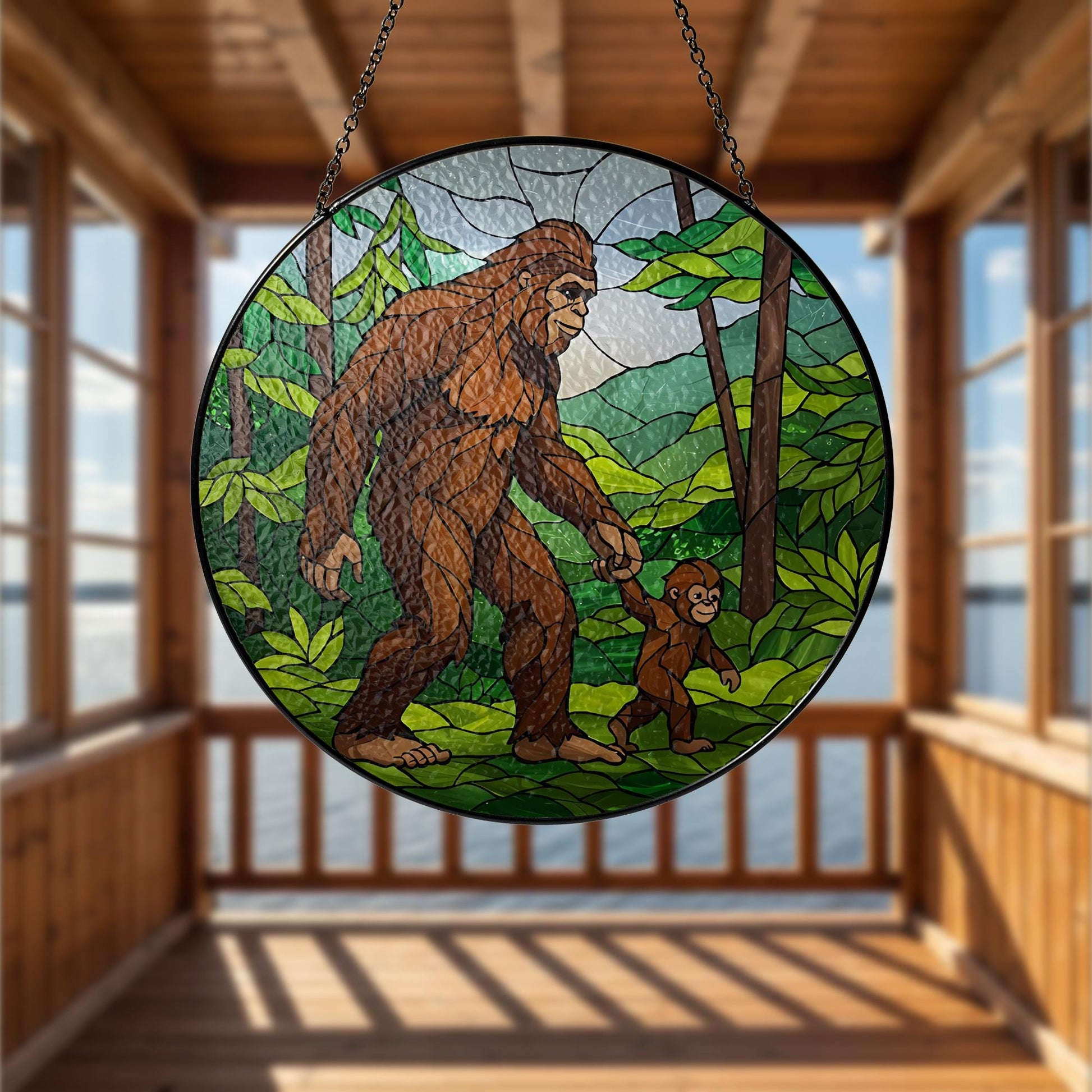Bigfoot Dad with Baby Glass Suncatcher, Father's Day Gift, Bigfoot Ornament, Dad Gift, Unique Father's Day Decor, Glass Suncatcher,Funny Dad