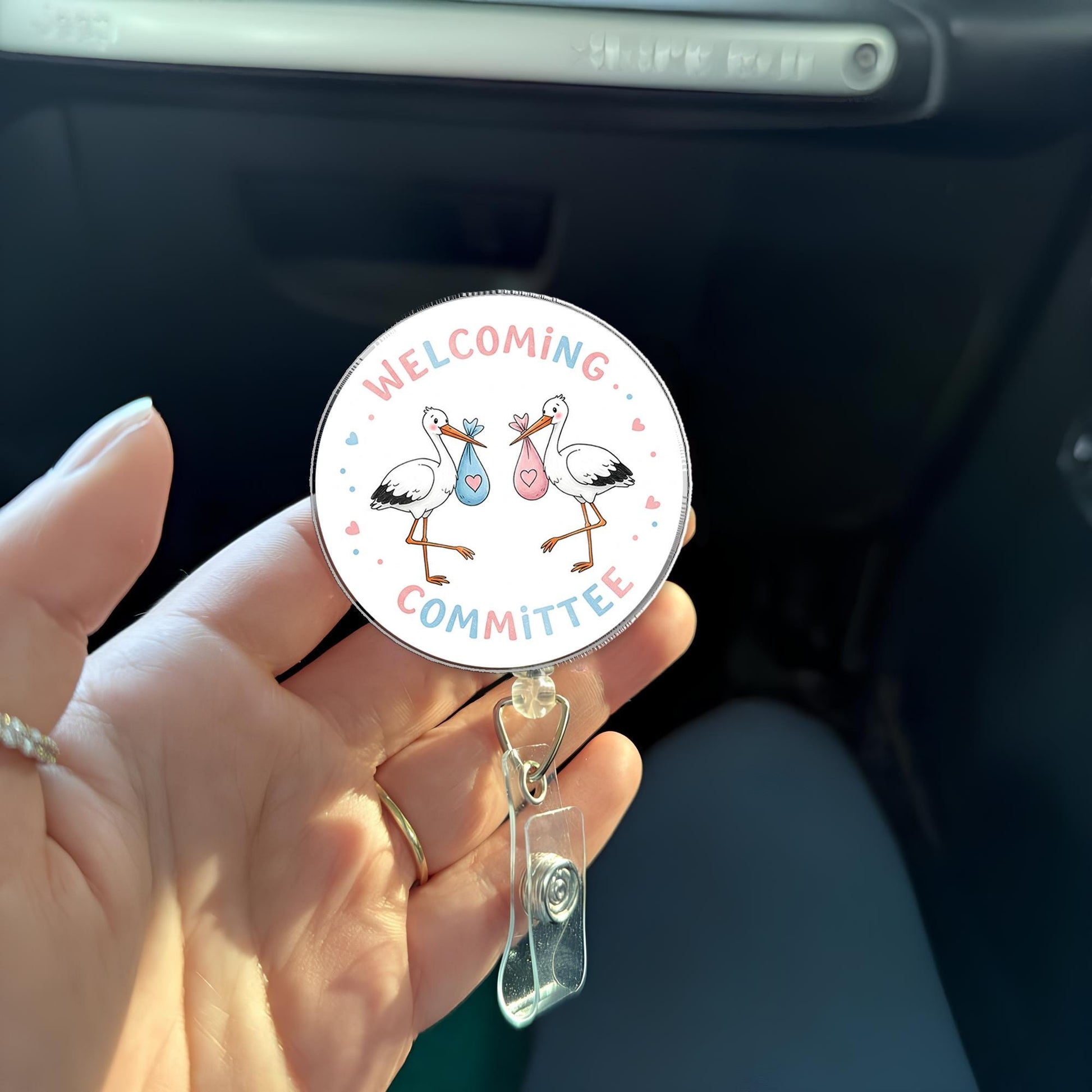 Stork Welcoming Committee Badge Reel | Cute Baby Arrival ID Holder | Gender Reveal Gift for Nurses, Doulas, Baby Shower Favor