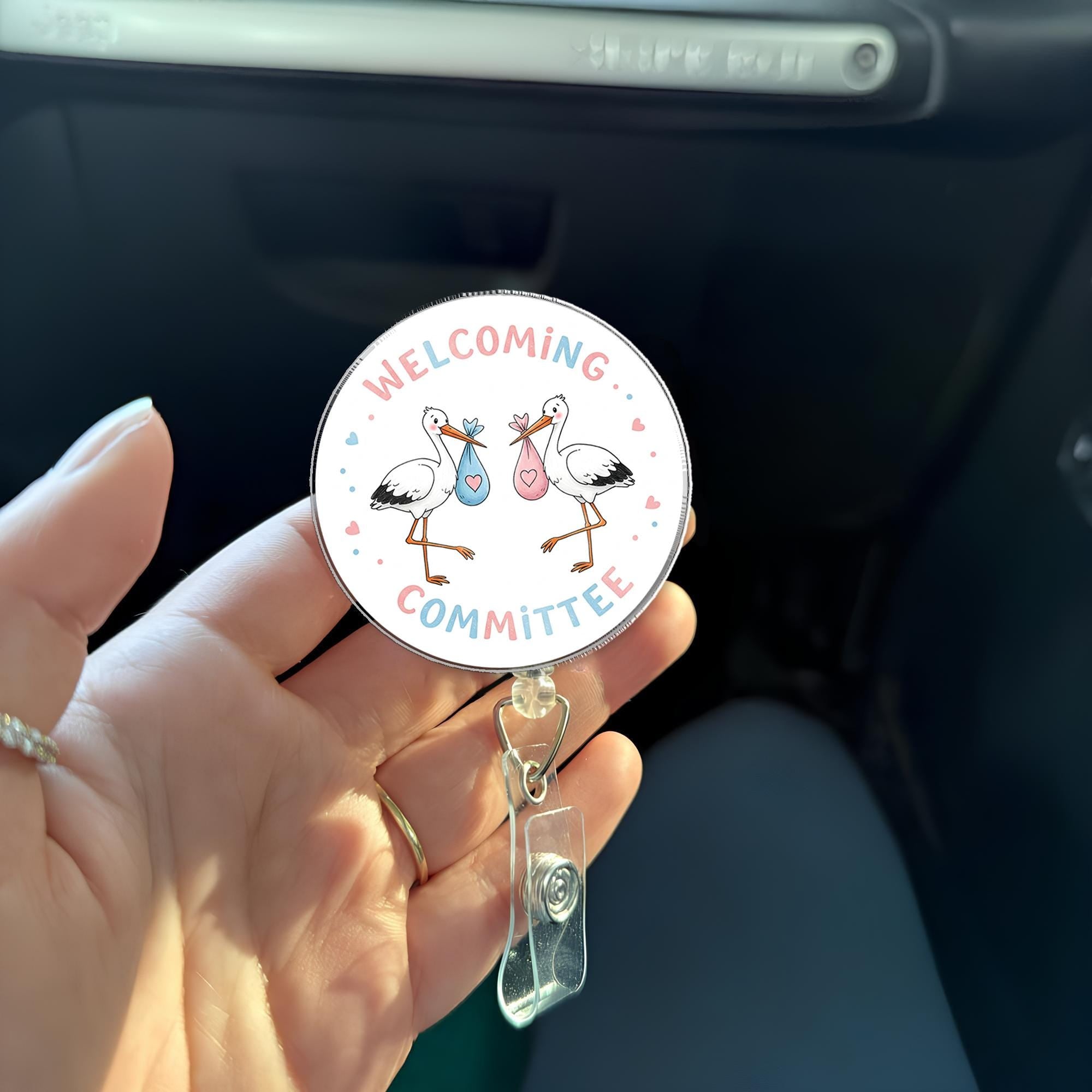 Stork Welcoming Committee Badge Reel | Cute Baby Arrival ID Holder | Gender Reveal Gift for Nurses, Doulas, Baby Shower Favor
