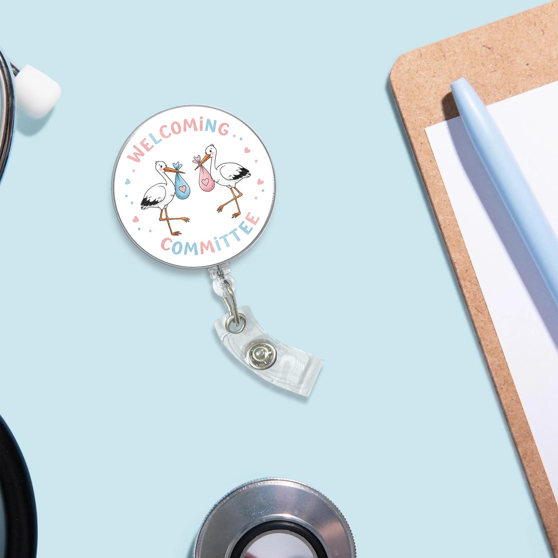 Stork Welcoming Committee Badge Reel | Cute Baby Arrival ID Holder | Gender Reveal Gift for Nurses, Doulas, Baby Shower Favor
