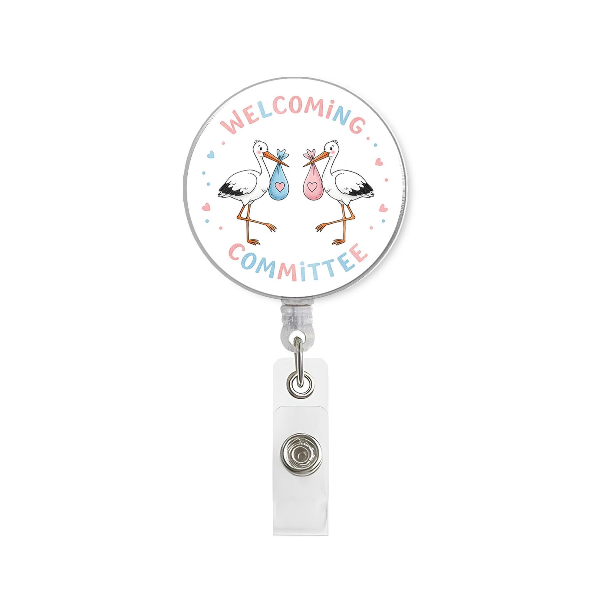 Stork Welcoming Committee Badge Reel | Cute Baby Arrival ID Holder | Gender Reveal Gift for Nurses, Doulas, Baby Shower Favor