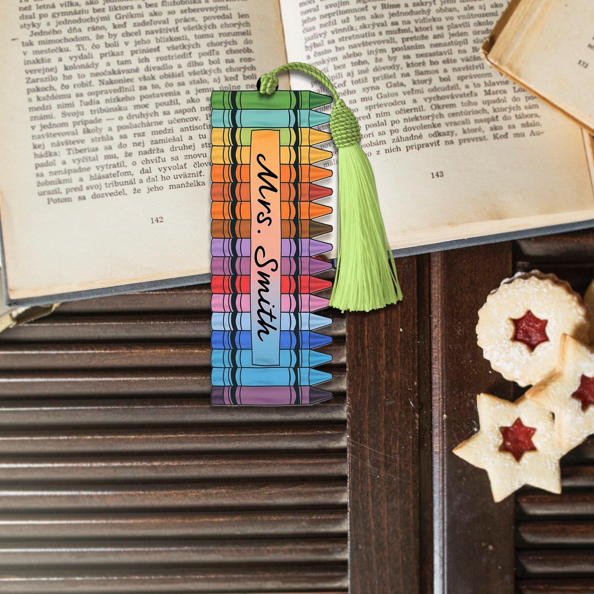 Crayon Teacher Bookmark, Custom Name Bookmark, Teacher Gift with Tassel, Personalized Back to School Gift, Cute Classroom Bookmark