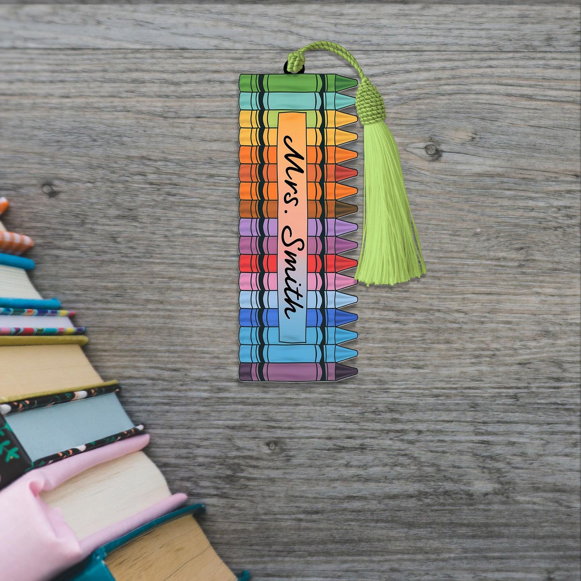 Crayon Teacher Bookmark, Custom Name Bookmark, Teacher Gift with Tassel, Personalized Back to School Gift, Cute Classroom Bookmark