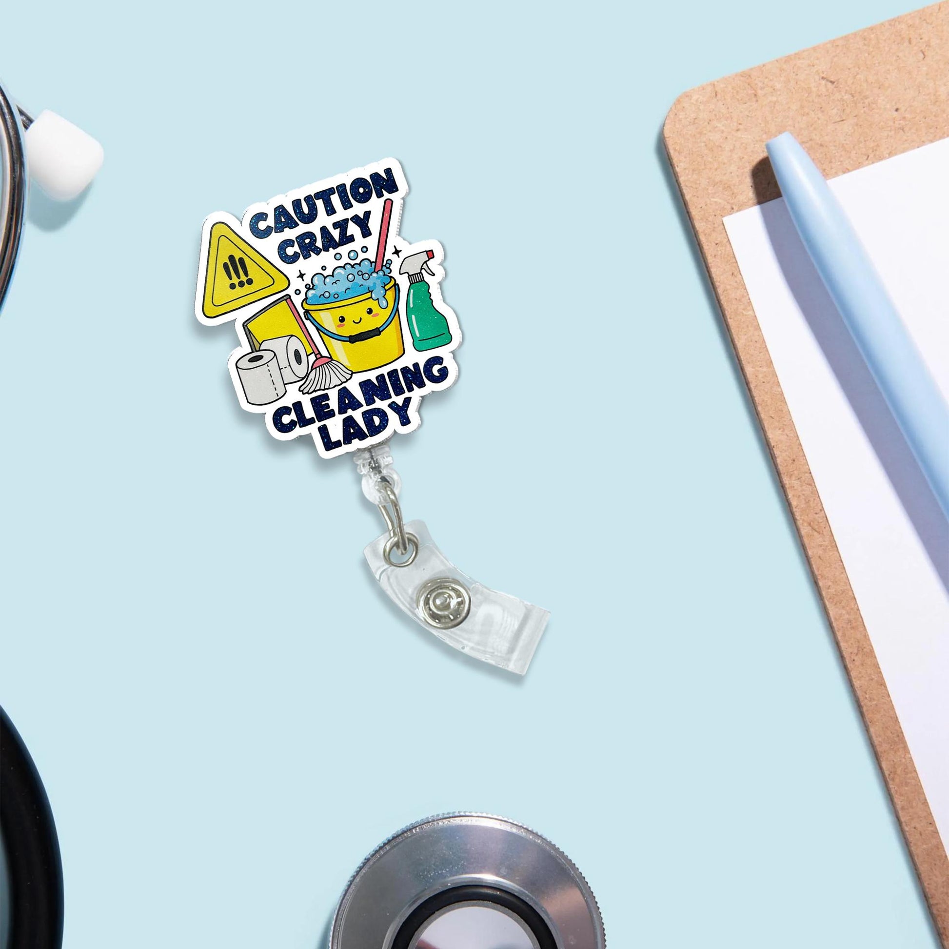 Crazy Cleaning Lady Badge Reel – Funny Janitor Maid ID Clip, Cleaner Gift Idea, Evs Badge Clip, Cleaning Lady Gift Idea, Gift For Her