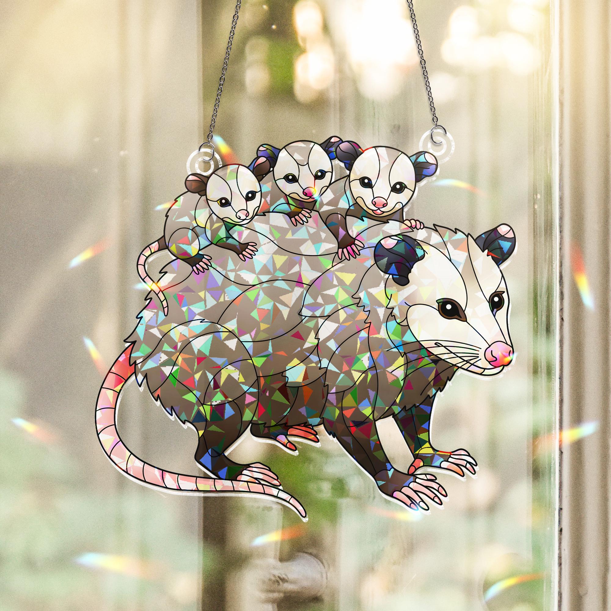 Opossum Family Hologram Acrylic Window Hanging - Mama & Baby Possums Ornament Decor, Holographic Animal Art Decor, Mother's Day,Gift For Mom