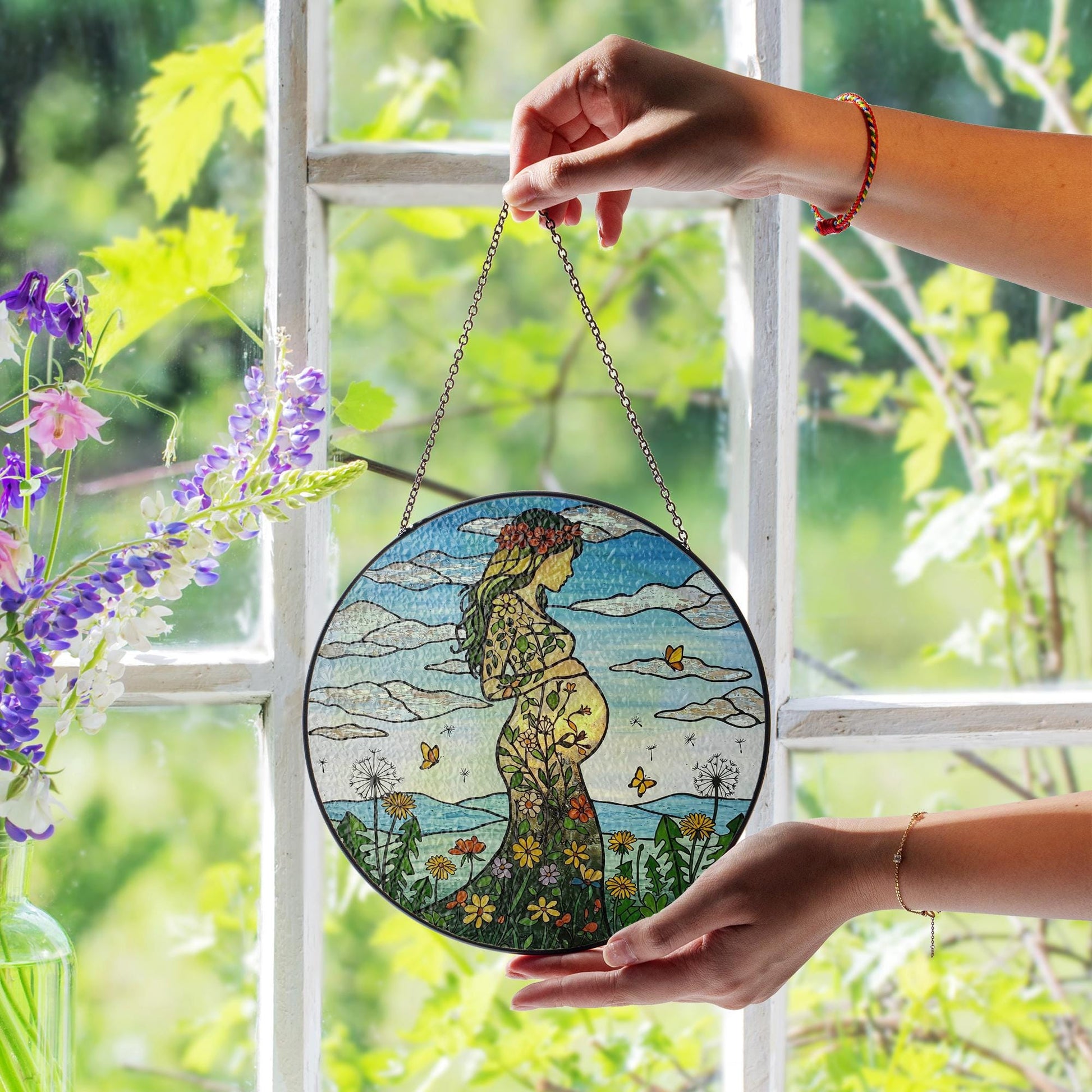 Floral Pregnant Mom Glass Suncatcher – Mother's Day Gift for New Mom or Mom-to-Be ,  Gift for Expecting Mom or Wife