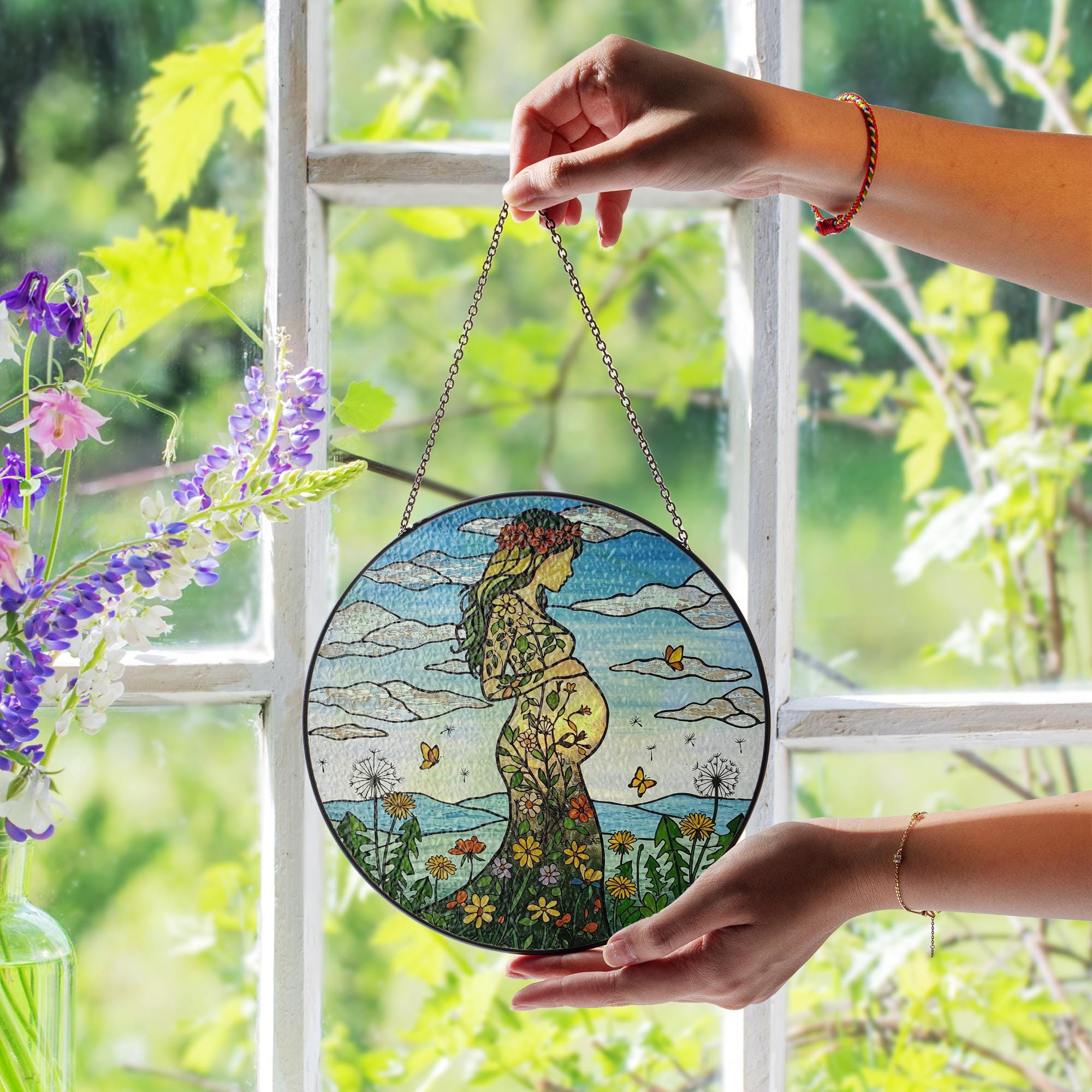 Floral Pregnant Mom Glass Suncatcher – Mother's Day Gift for New Mom or Mom-to-Be ,  Gift for Expecting Mom or Wife