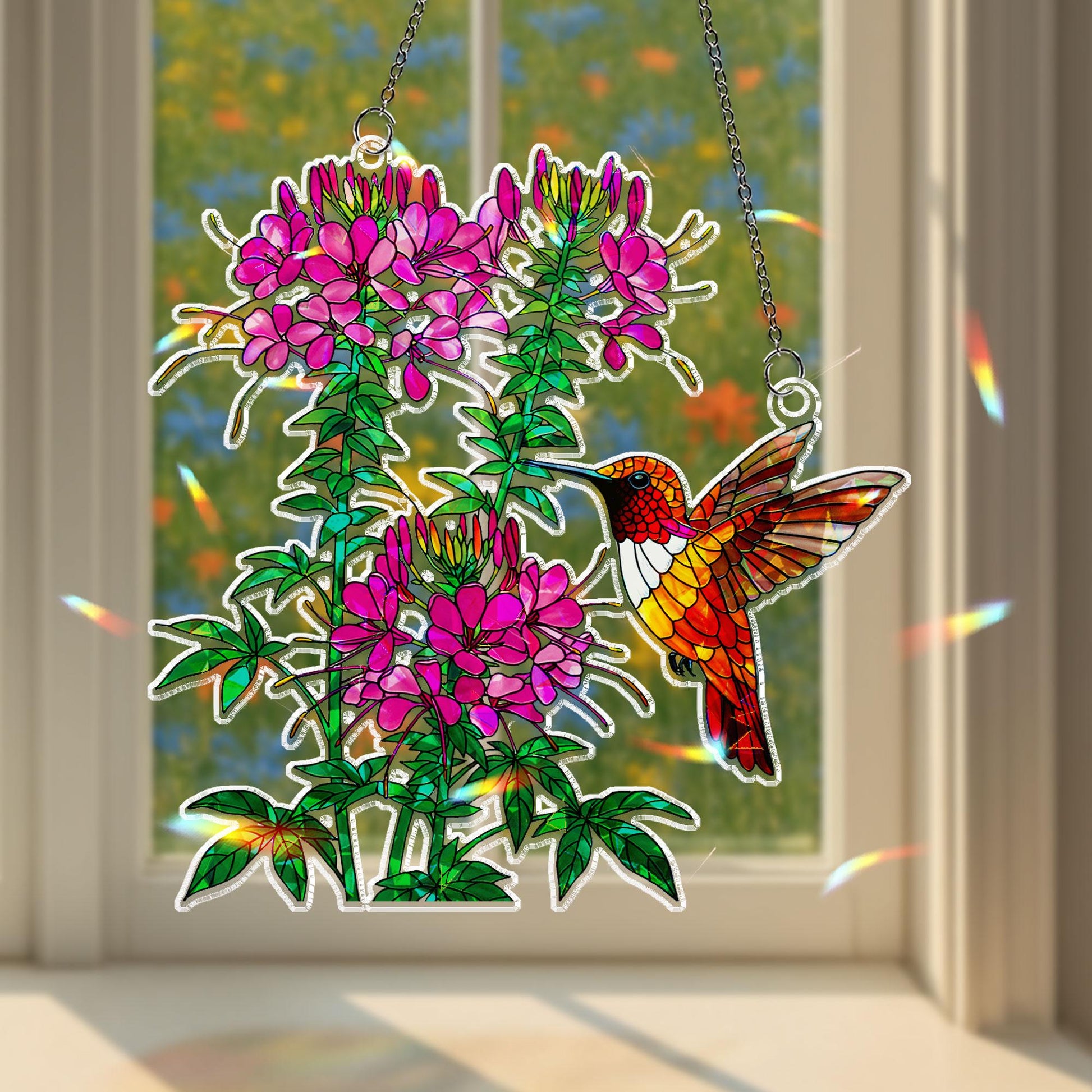 Colorful Hummingbird & Pink Flower Acrylic Window Hanging Ornament, Vibrant Garden Decor Gift for Mom, Nature Lover Gift, Home Decor