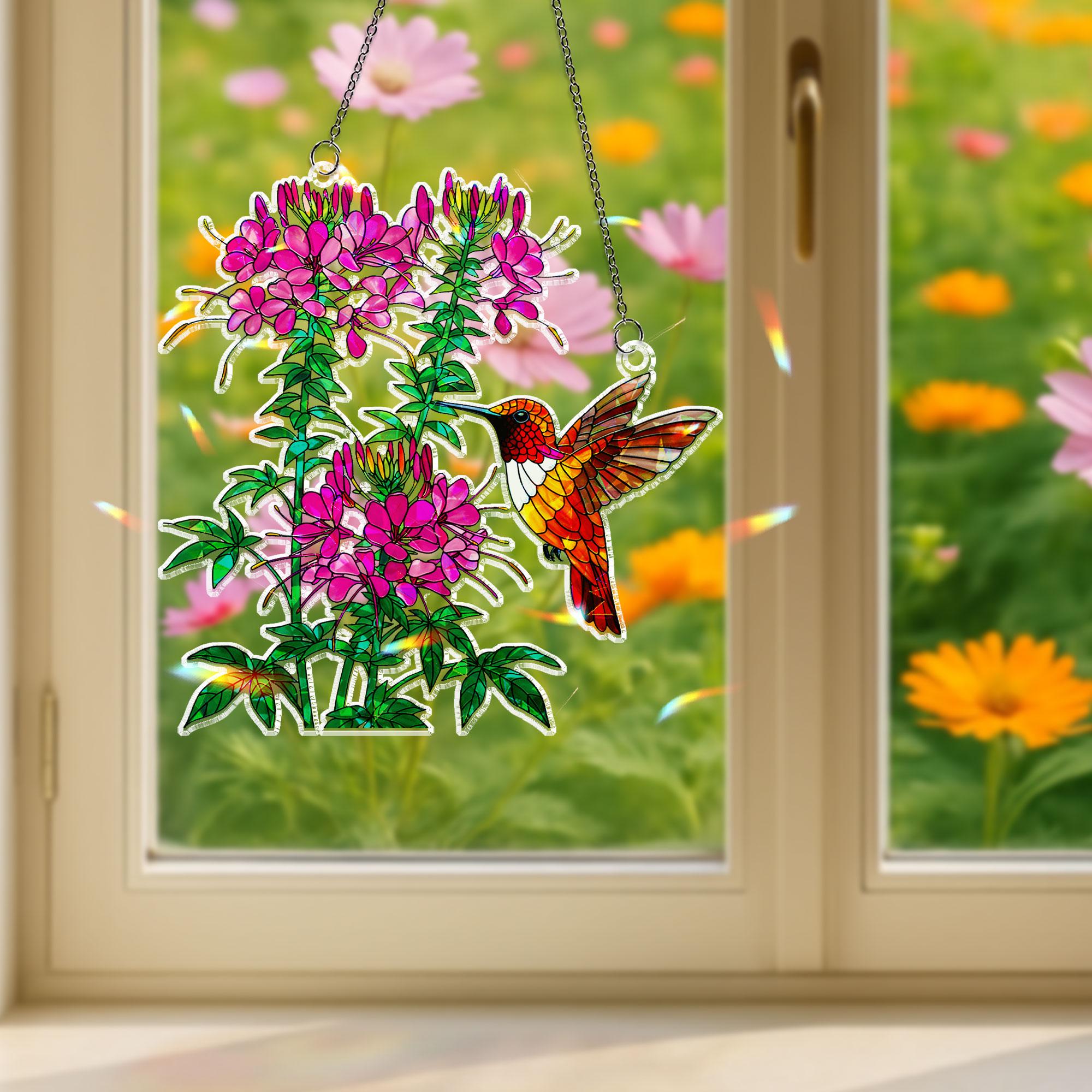 Colorful Hummingbird & Pink Flower Acrylic Window Hanging Ornament, Vibrant Garden Decor Gift for Mom, Nature Lover Gift, Home Decor