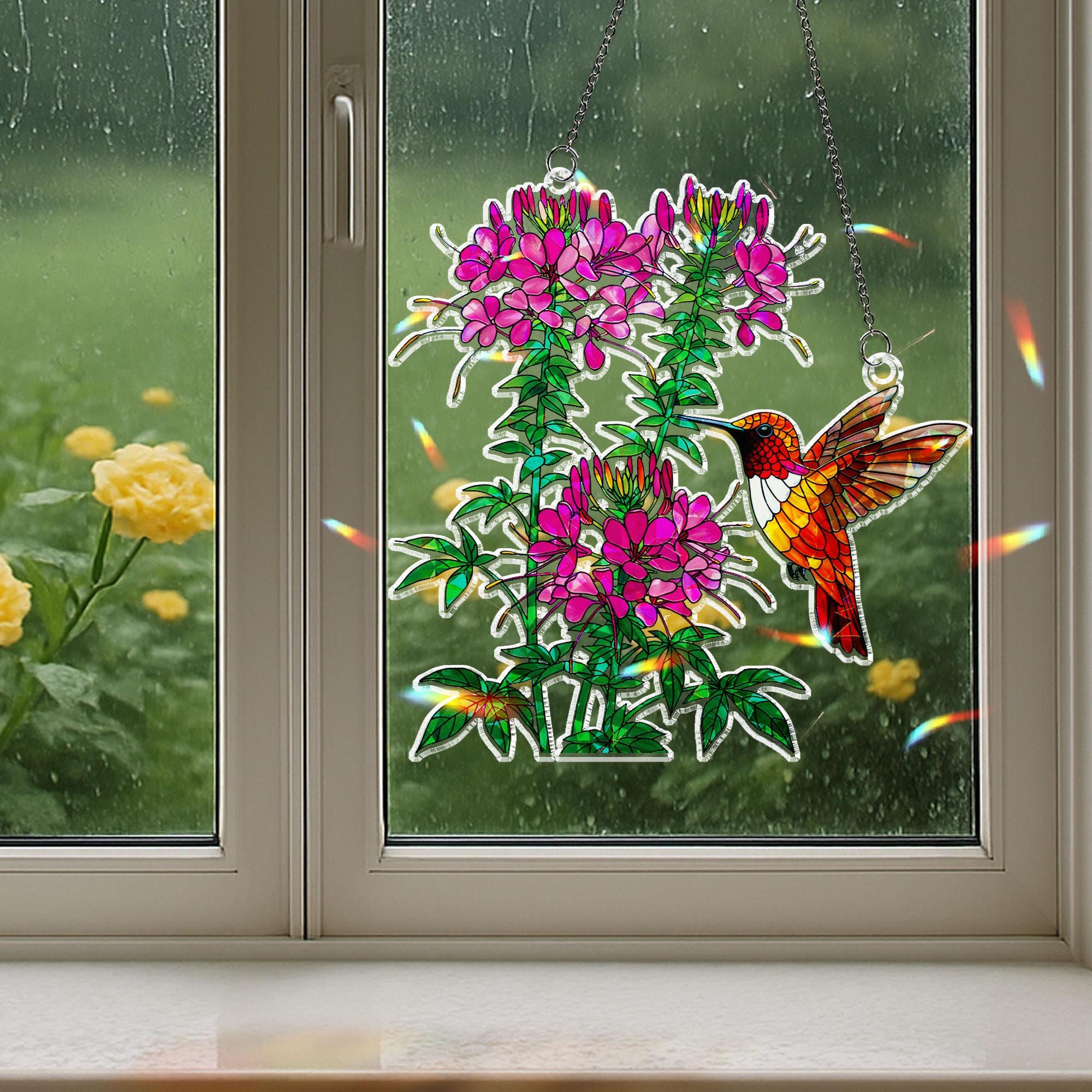 Colorful Hummingbird & Pink Flower Acrylic Window Hanging Ornament, Vibrant Garden Decor Gift for Mom, Nature Lover Gift, Home Decor