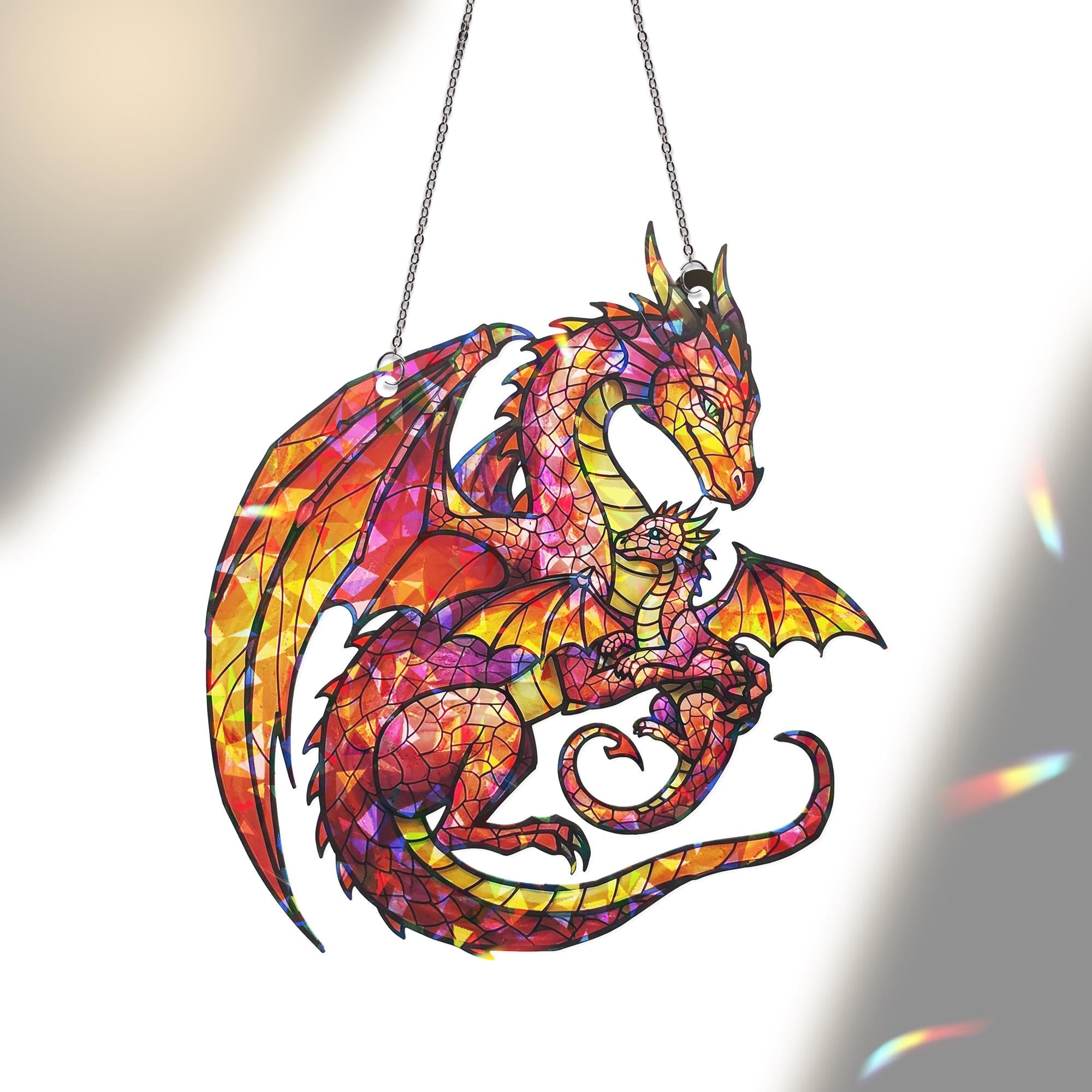 Dragon Mom and Baby Acrylic Hologram Suncatcher, Fantasy Stained Glass Decor, Broken Glass Style Hanging, Mythical Creature Gift, Dragon Mom