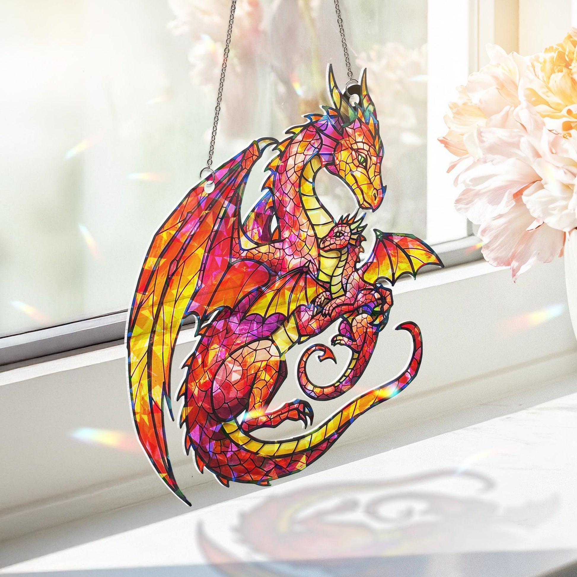 Dragon Mom and Baby Acrylic Hologram Suncatcher, Fantasy Stained Glass Decor, Broken Glass Style Hanging, Mythical Creature Gift, Dragon Mom