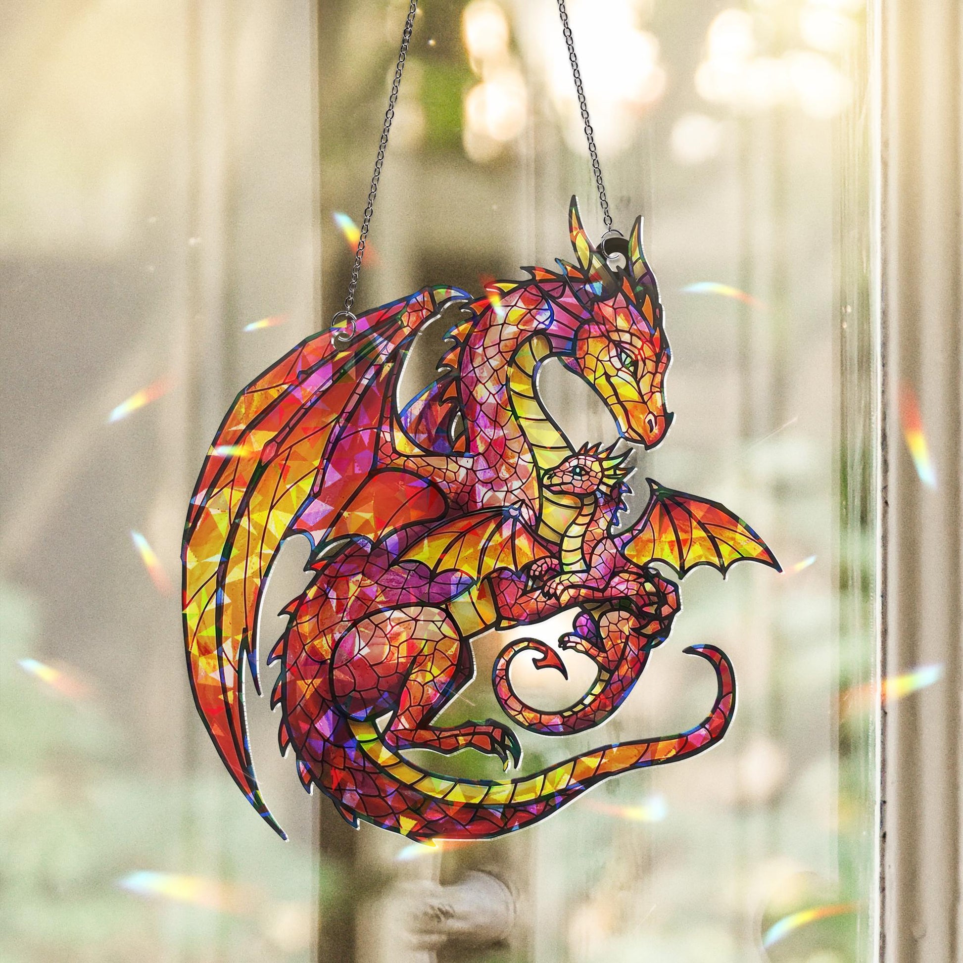 Dragon Mom and Baby Acrylic Hologram Suncatcher, Fantasy Stained Glass Decor, Broken Glass Style Hanging, Mythical Creature Gift, Dragon Mom