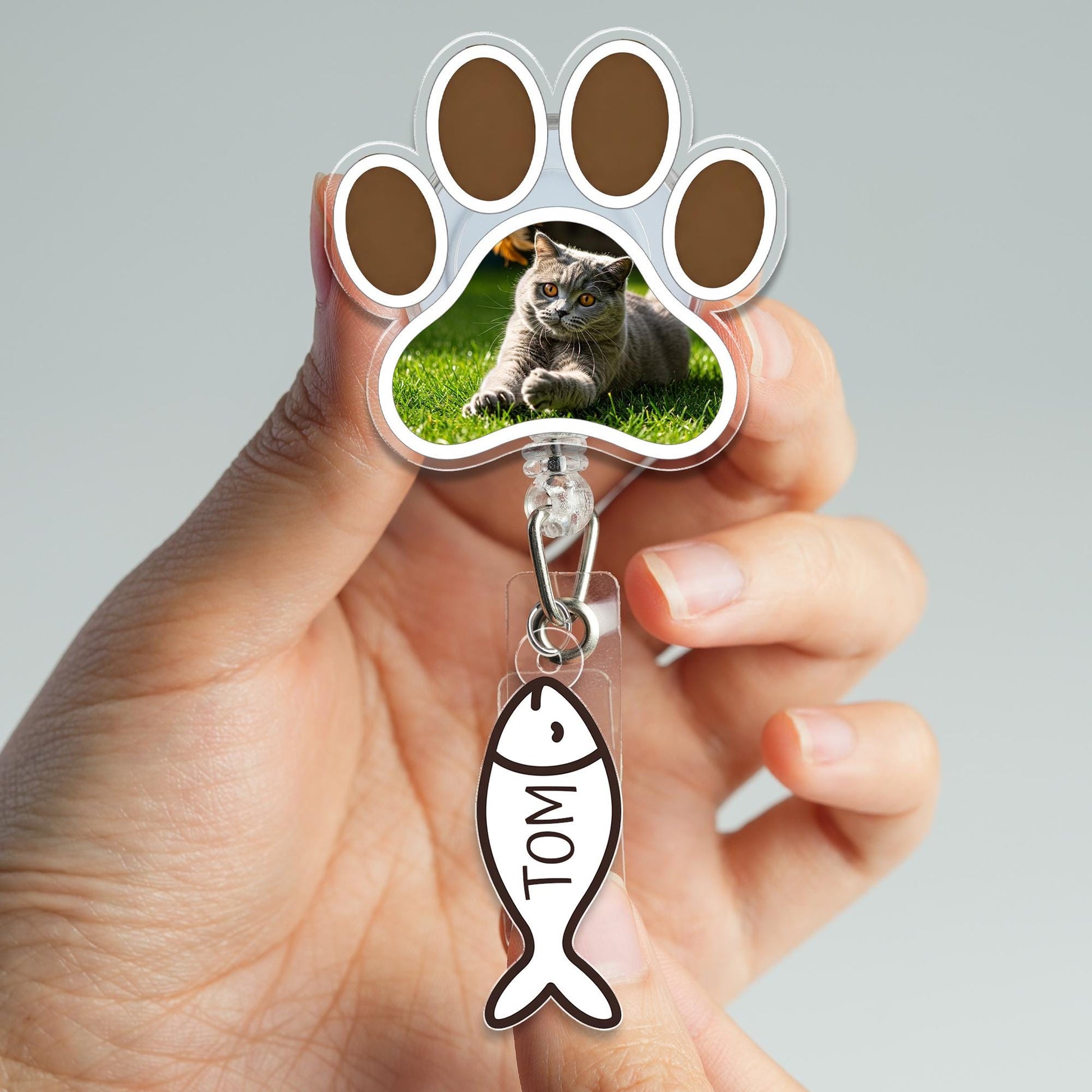 Custom Cat Photo Paw Print Badge Reel with Personalized Name Tag, Retractable Pet ID Holder, Cat Lover Gift, Nurse Teacher Vet Tech Badge