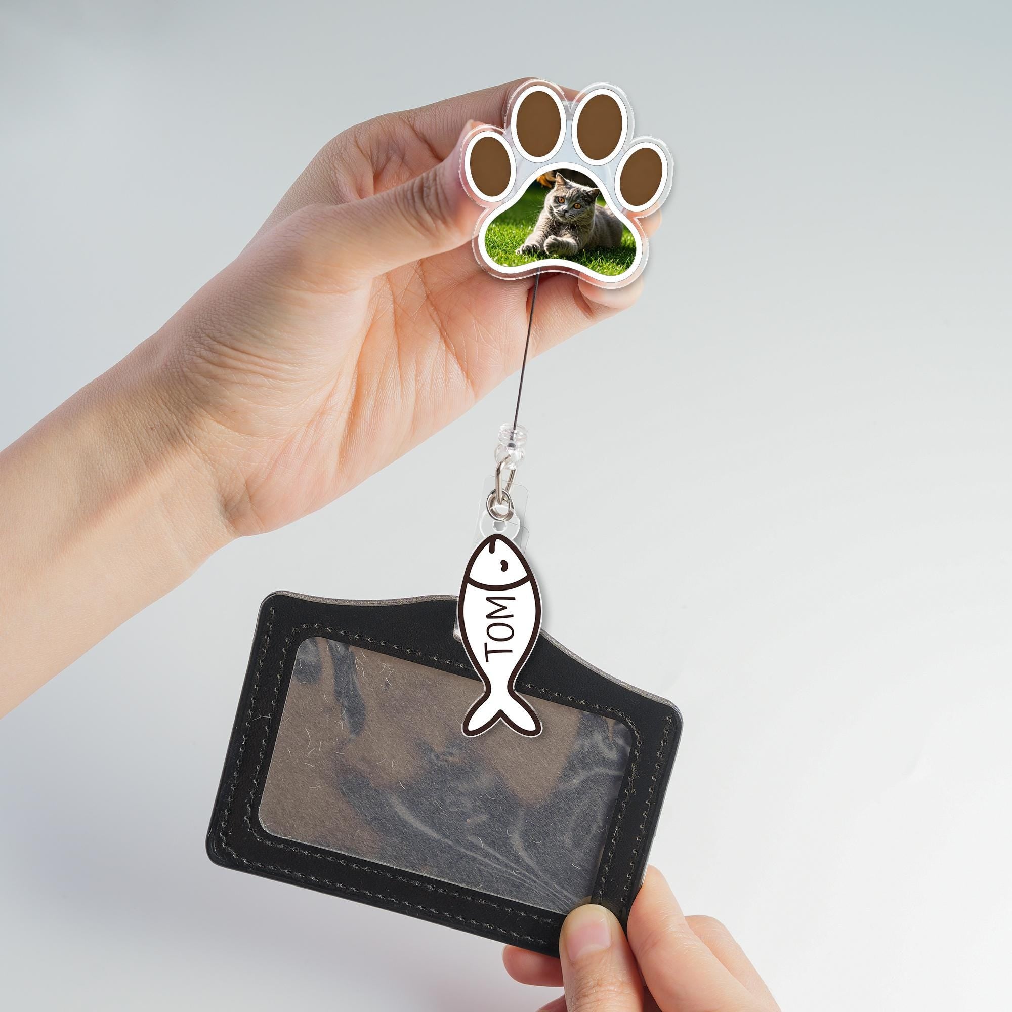 Custom Cat Photo Paw Print Badge Reel with Personalized Name Tag, Retractable Pet ID Holder, Cat Lover Gift, Nurse Teacher Vet Tech Badge