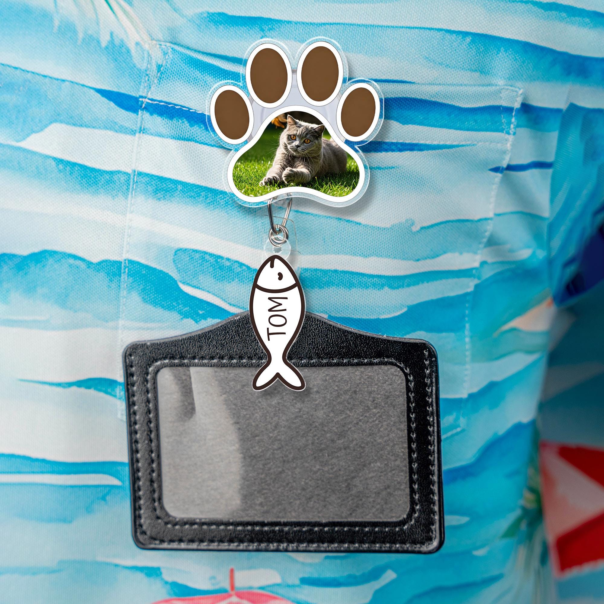 Custom Cat Photo Paw Print Badge Reel with Personalized Name Tag, Retractable Pet ID Holder, Cat Lover Gift, Nurse Teacher Vet Tech Badge