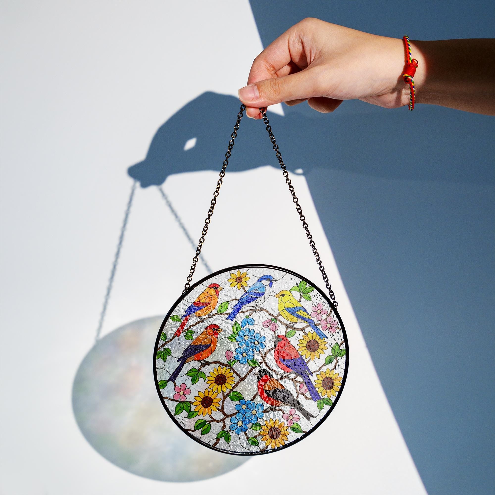 Colorful Birds & Flowers Glass Suncatcher – Stained Glass Style Window Hanging – Nature-Inspired Home or Garden Decor Gift, Gift For Mom