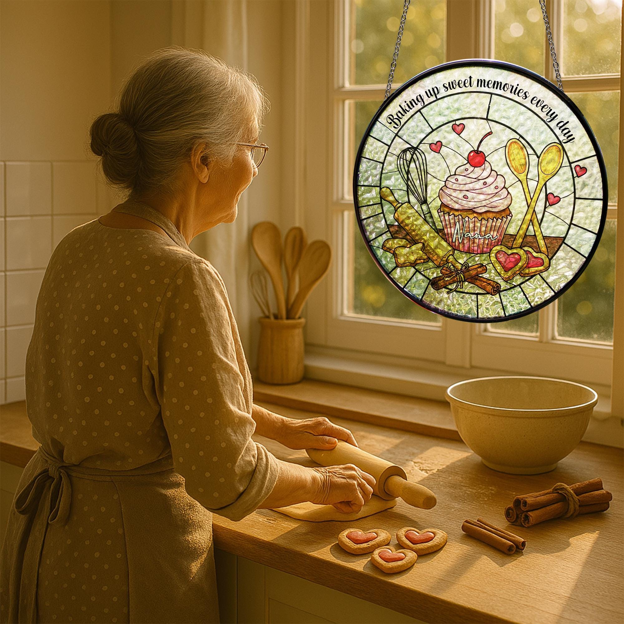 Custom Baking Suncatcher for Mom or Grandma – Glass Window Decor Gift – Mother's Day Gift for Baker Mom – Sweet Memories Kitchen Ornament