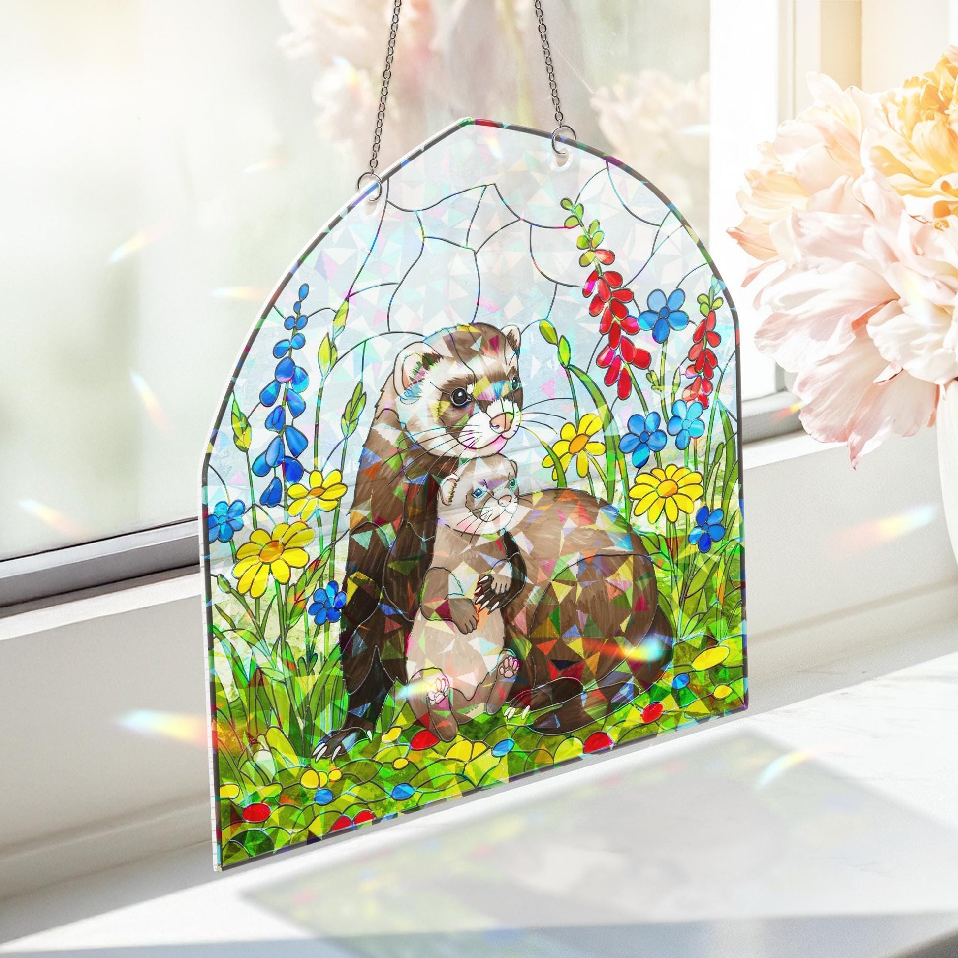 Ferret Mom Suncatcher – Holographic Acrylic Window Decor – Cute Mother's Day Gift for Animal Lover Mom – Ferret and Baby Ornament