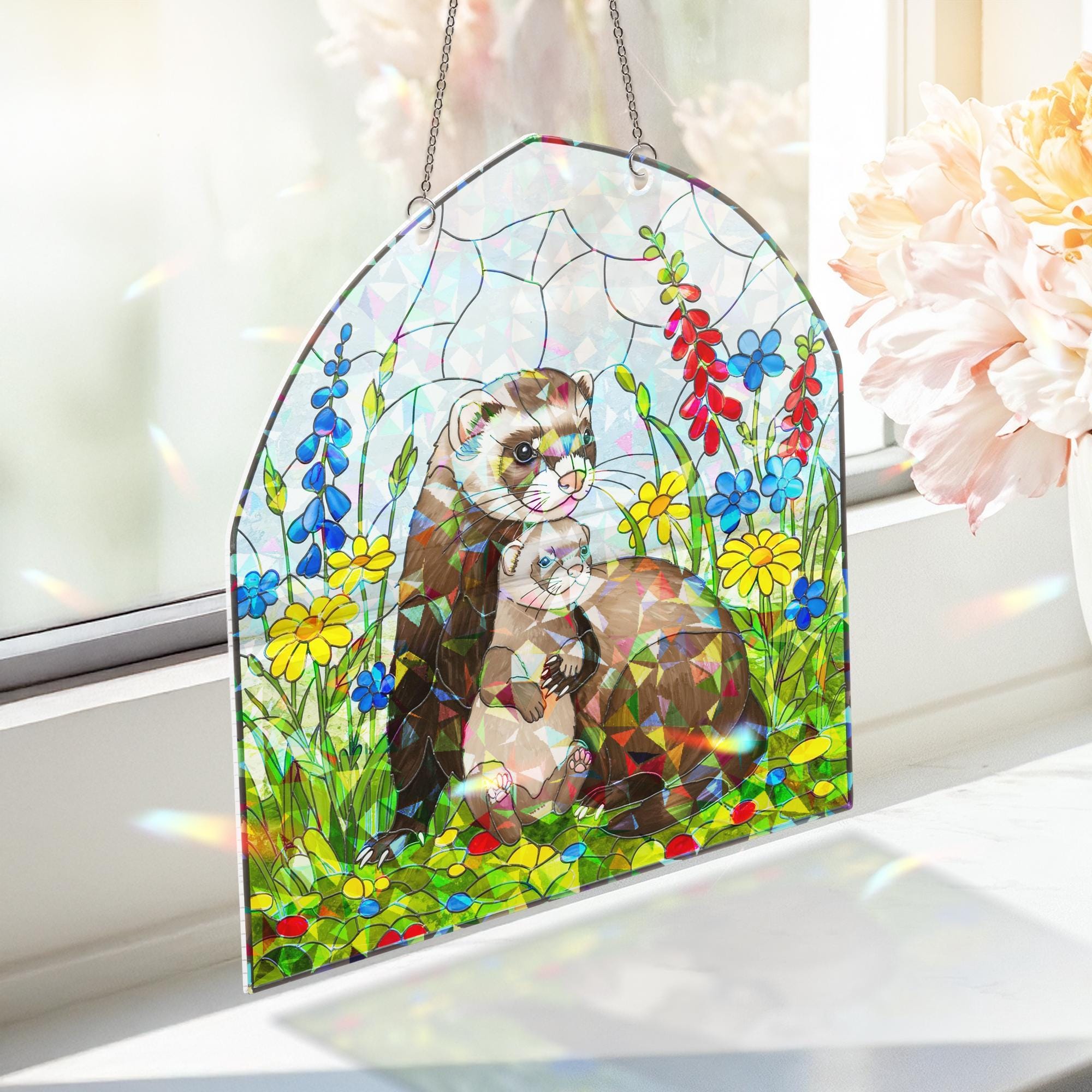 Ferret Mom Suncatcher – Holographic Acrylic Window Decor – Cute Mother's Day Gift for Animal Lover Mom – Ferret and Baby Ornament